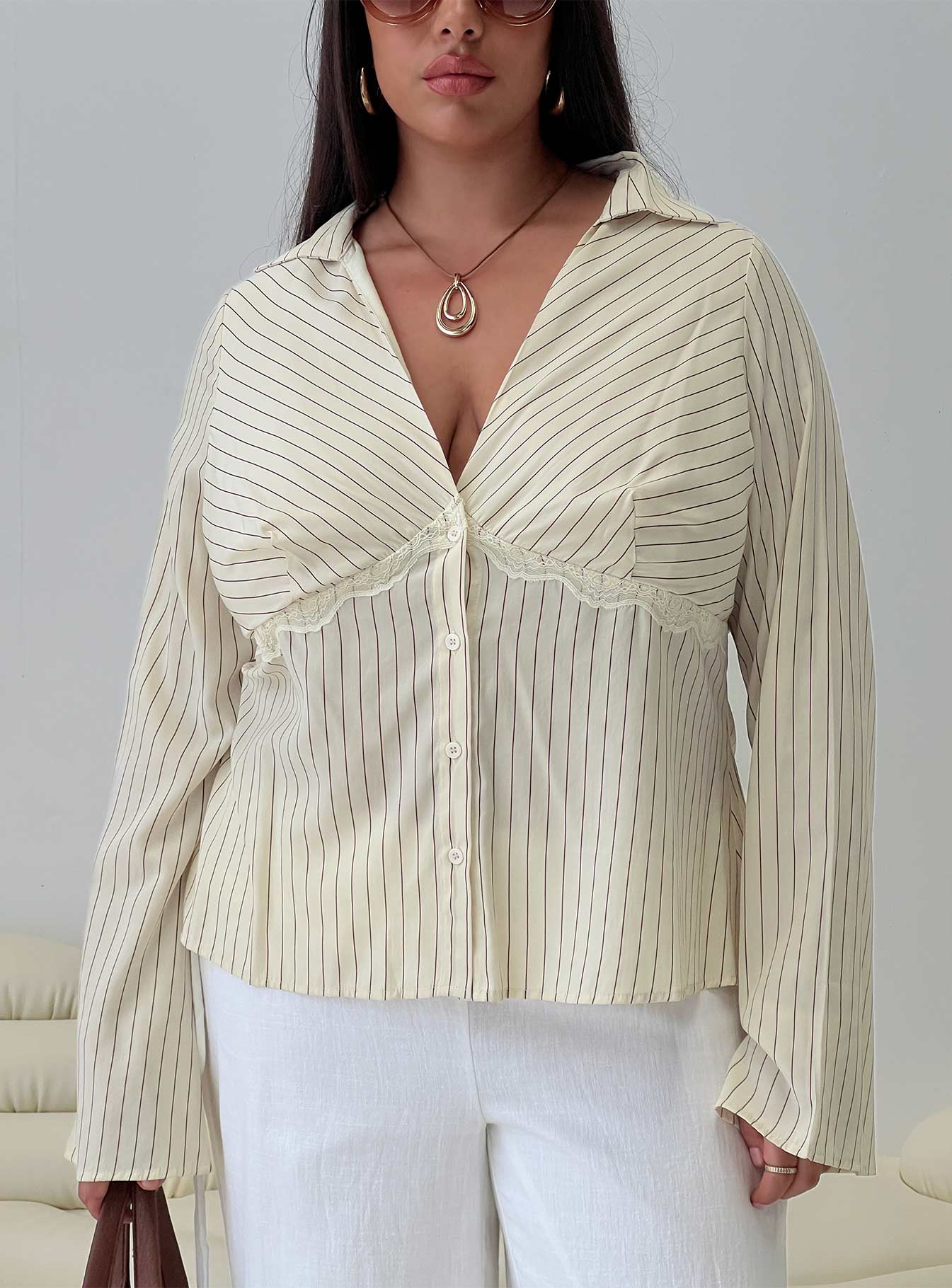 Life Begins Long Sleeve Lace Trim Top Cream Stripe Curve、mySite、solidvoid