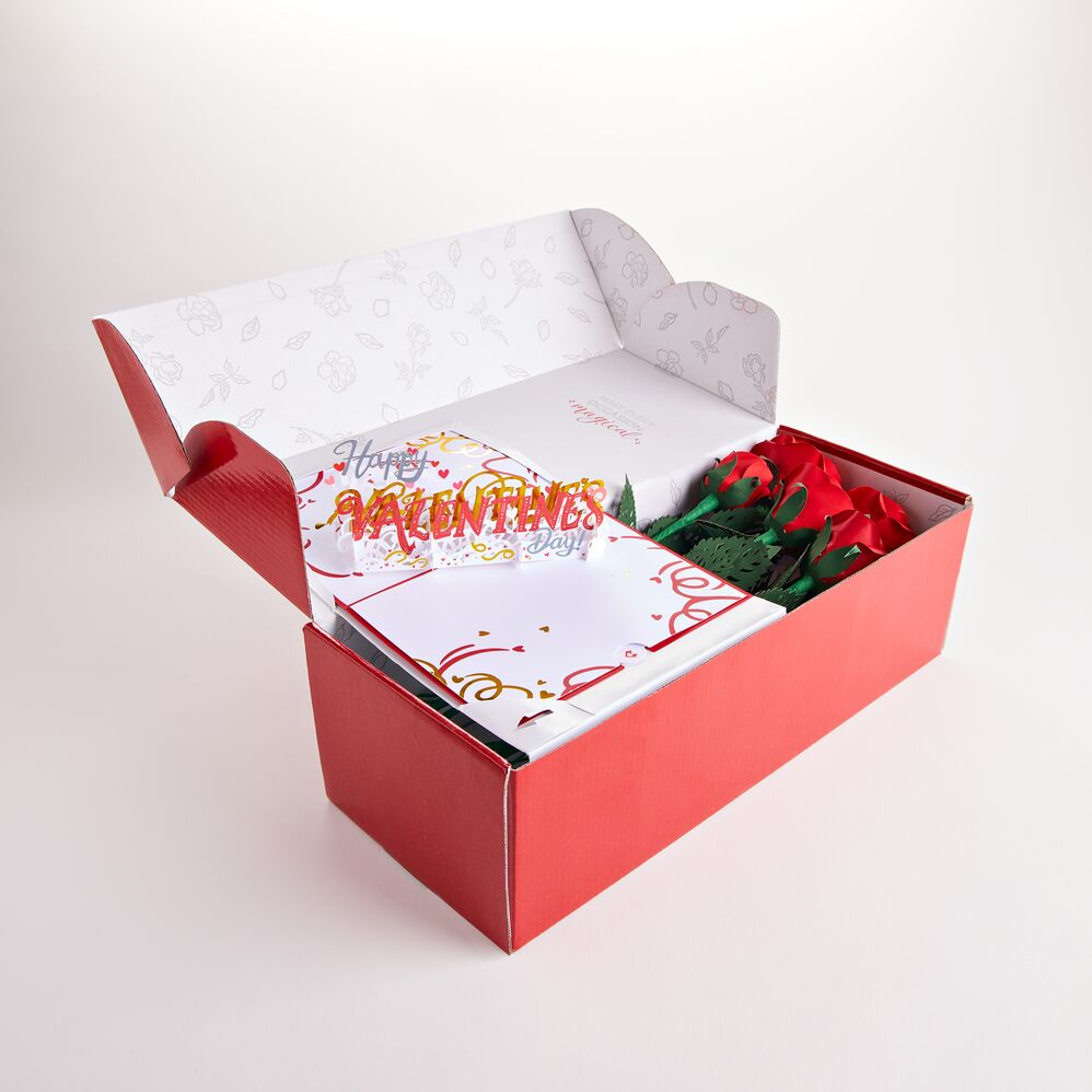 Handcrafted Paper Flowers: Red Roses (6 Stems) with Happy Valentine's Day Pop-Up Card、mySite、solidvoid