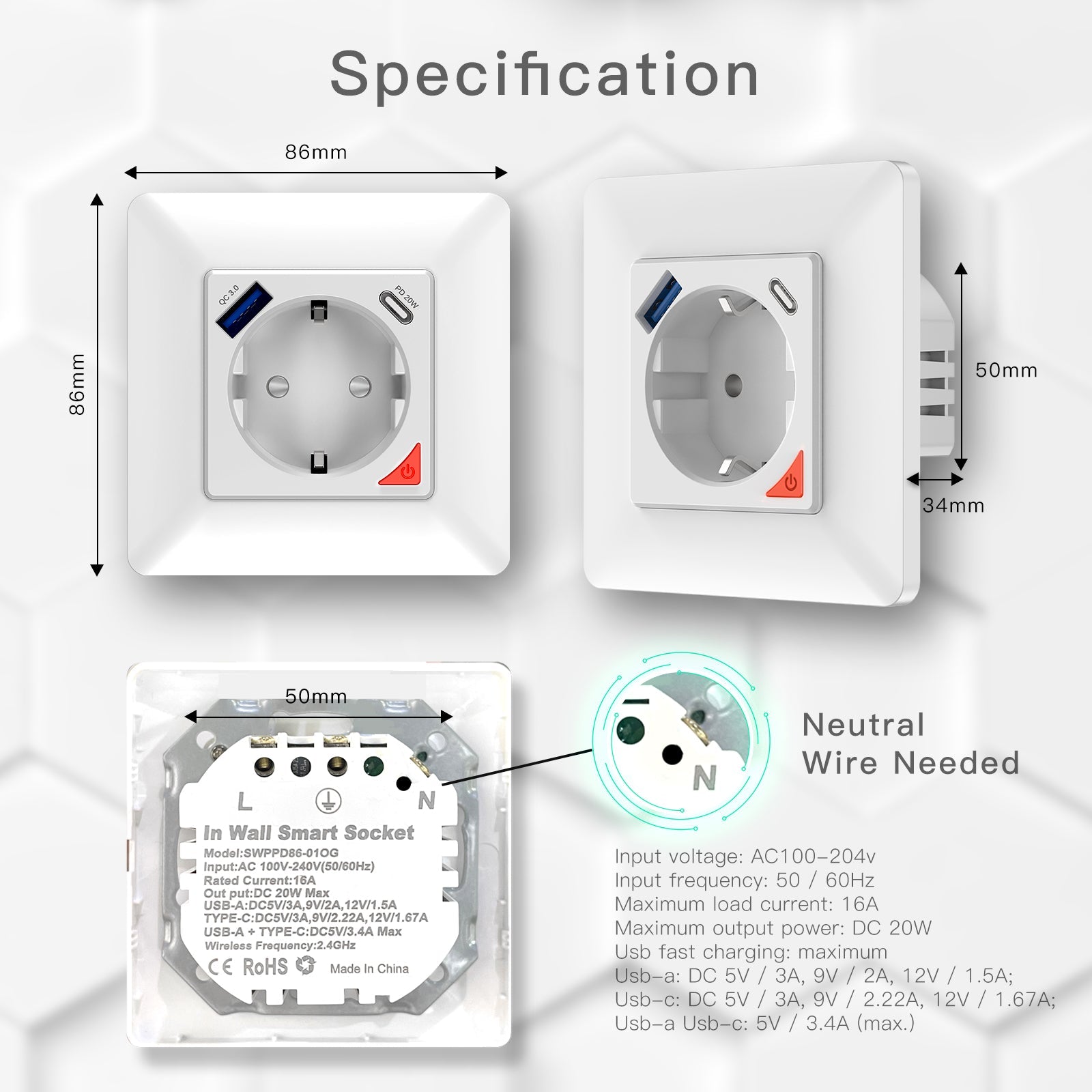WiFi Smart Socket 16A Power Socket Fast Charge USB Type-C EU Version、mySite、fannypackpong