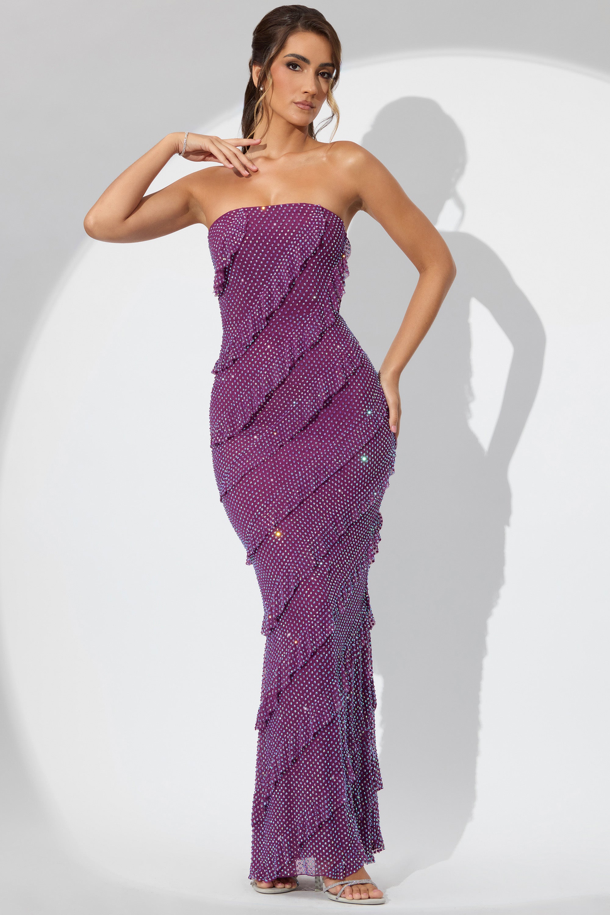 Embellished Strapless Ruffle Maxi Dress in Plum、mySite、solidvoid