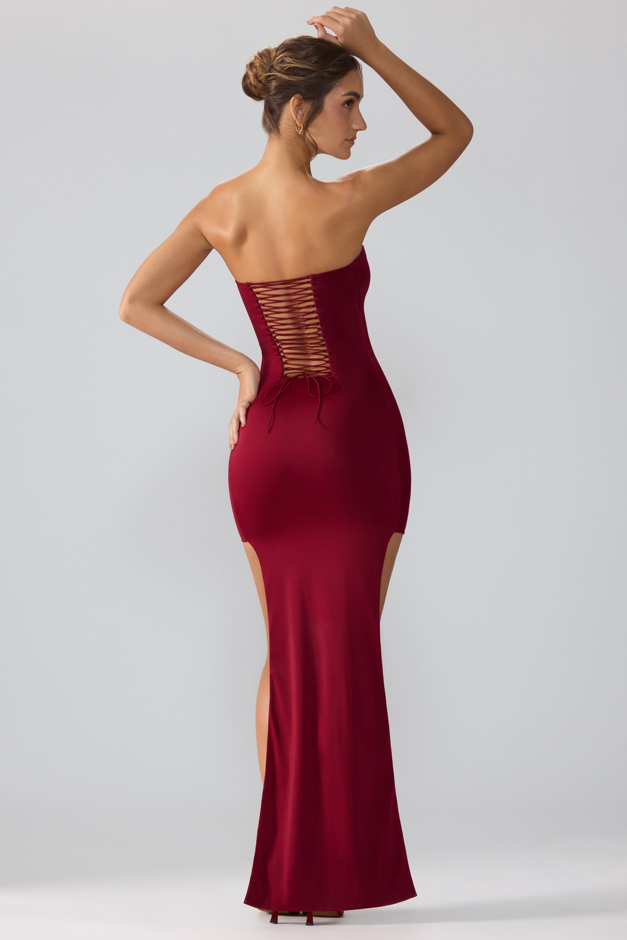 Premium Jersey Lace Up Back Mini Dress with Train in Ruby、mySite、solidvoid