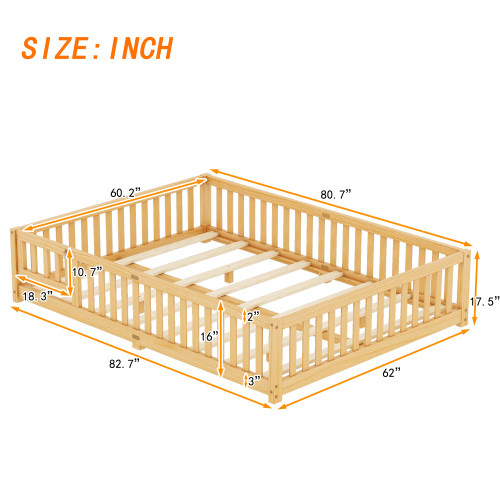 Twin Size Bed Floor Bed with Safety Guardrails and Door for Kids, Natural(Old SKU: W158090686)、、casual