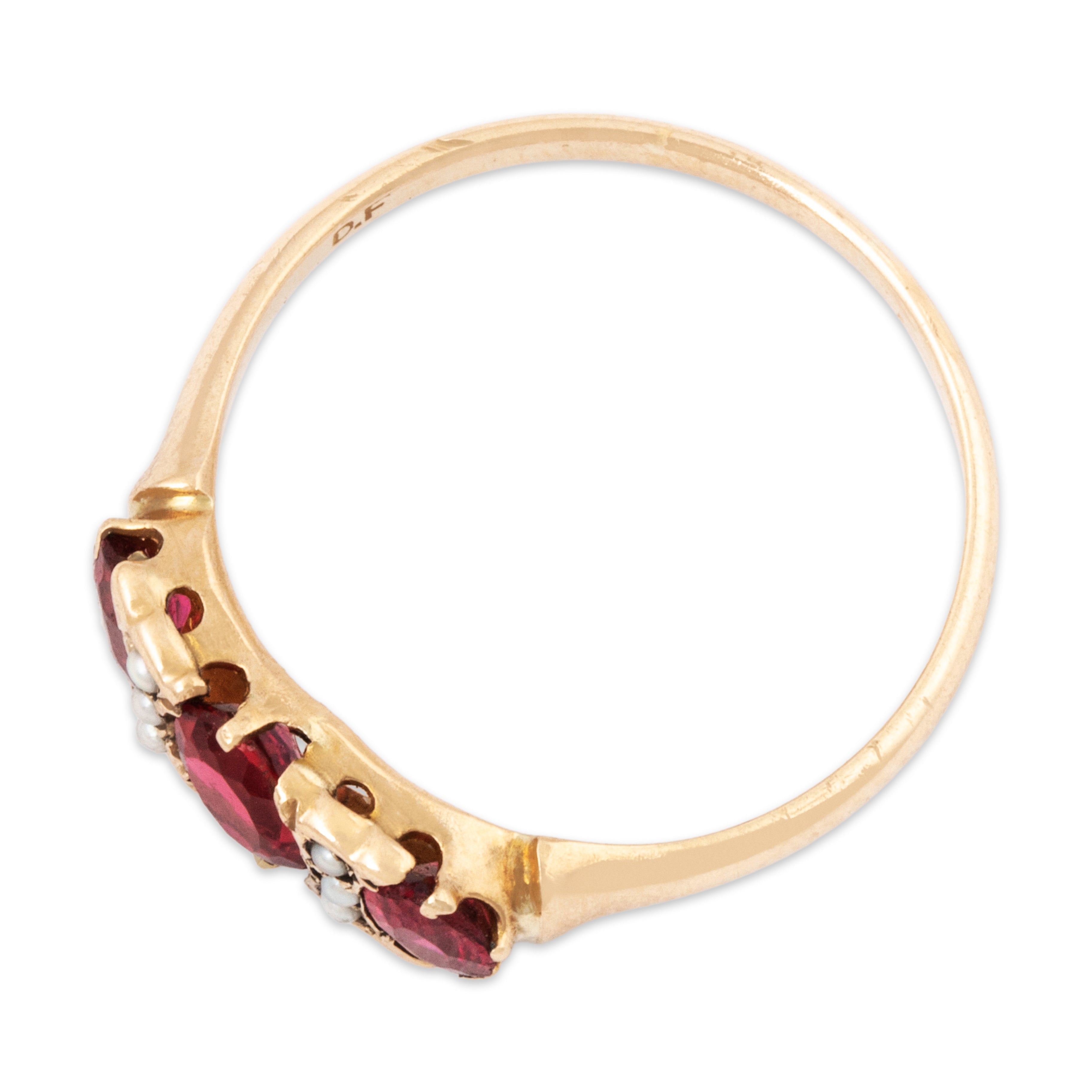 Antique 10k Rosy Yellow Gold Crimson Glass Pearl Trio Ring 7.00、mySite、hinf8tx79