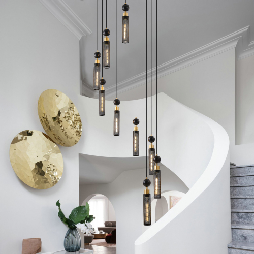 24" Modern Industrial Multi-Light Pendant Chandelier - 9-Light Black and Gold Adjustable Ceiling Light Fixture with Mesh Cylinder Shades for Living Room, Dining Room, or Staircase (Bulb Not Included)、、eastwooduniform