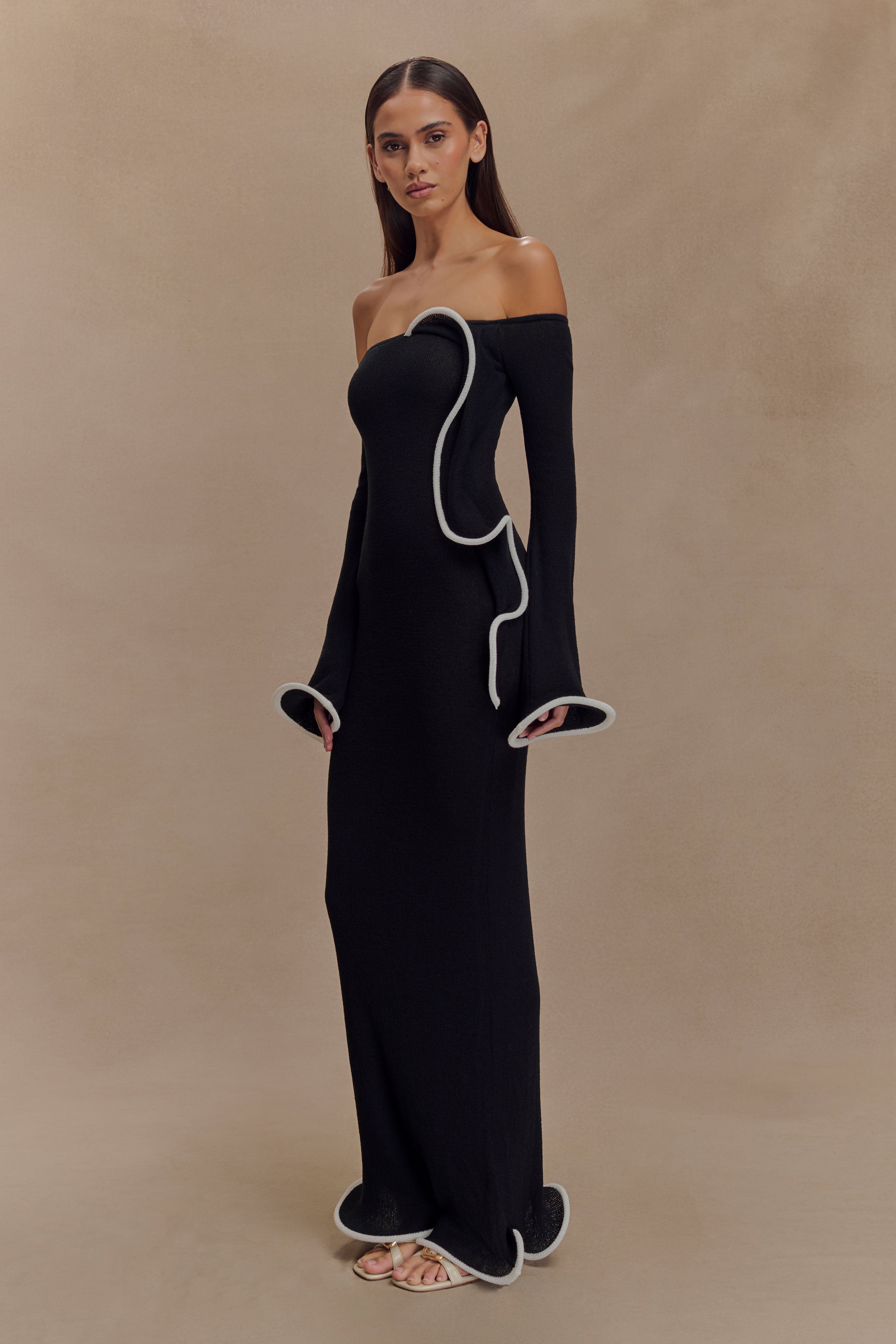 Sandrine Off Shoulder Knit Maxi Dress - Black/White、mySite、solidvoid