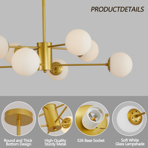 35" Modern 8-Light Gold Chandelier with White Glass Globe Shades, Mid-Century Branching Design, Elegant Ceiling Light Fixture for Dining Room, Living Room, or Bedroom (No Bulbs)、、eastwooduniform