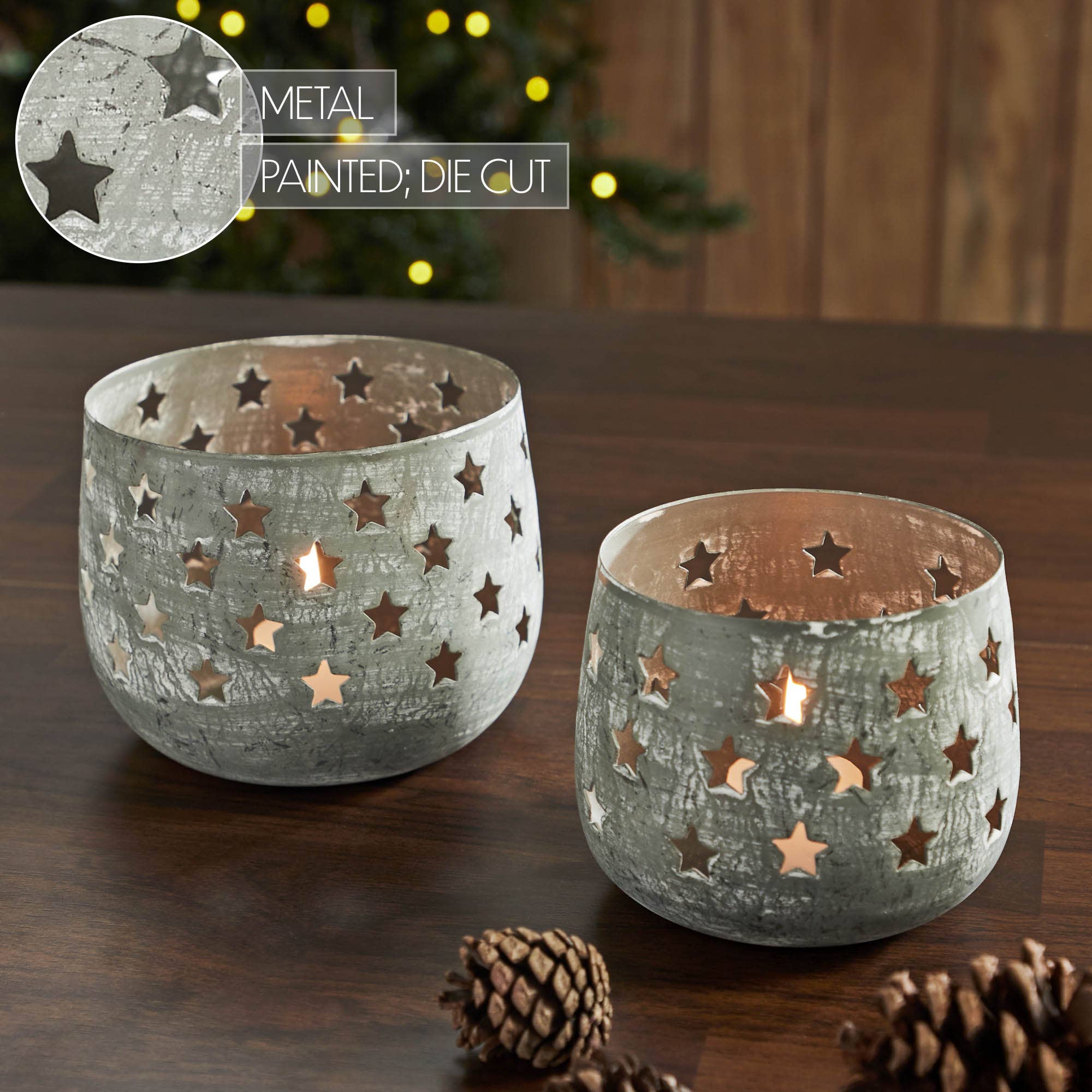 VHC Brands - Starbright Distressed Gray Metal Candle Holder Set of 2 - 3.54/4.13 inch、mySite、g9winljtr
