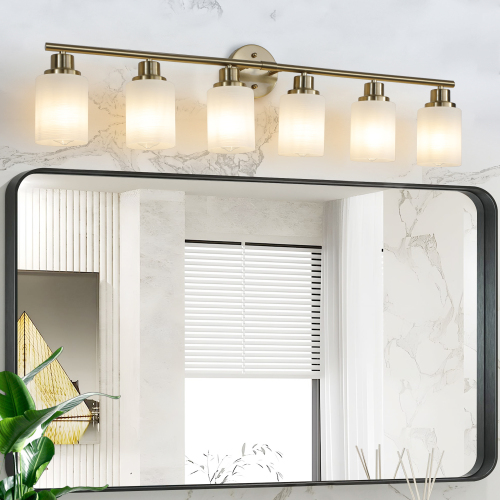 31" Modern 5-Light Vanity Wall Sconce, Golden Finish with Frosted Glass Shades for Bathroom or Hallway Lighting (No Bulbs)、、eastwooduniform