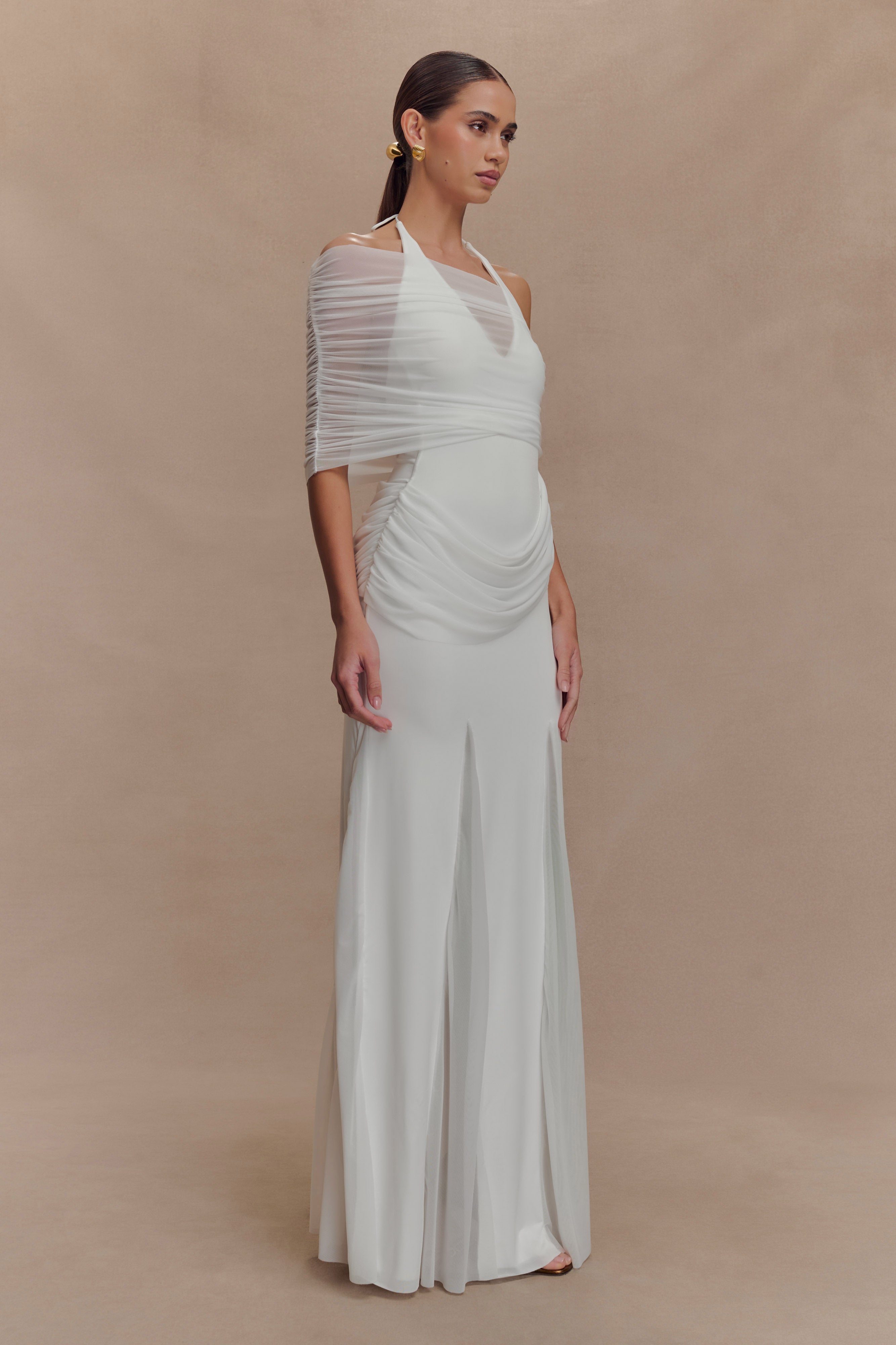 Gabrielle Slinky And Mesh Maxi Dress - White、mySite、solidvoid