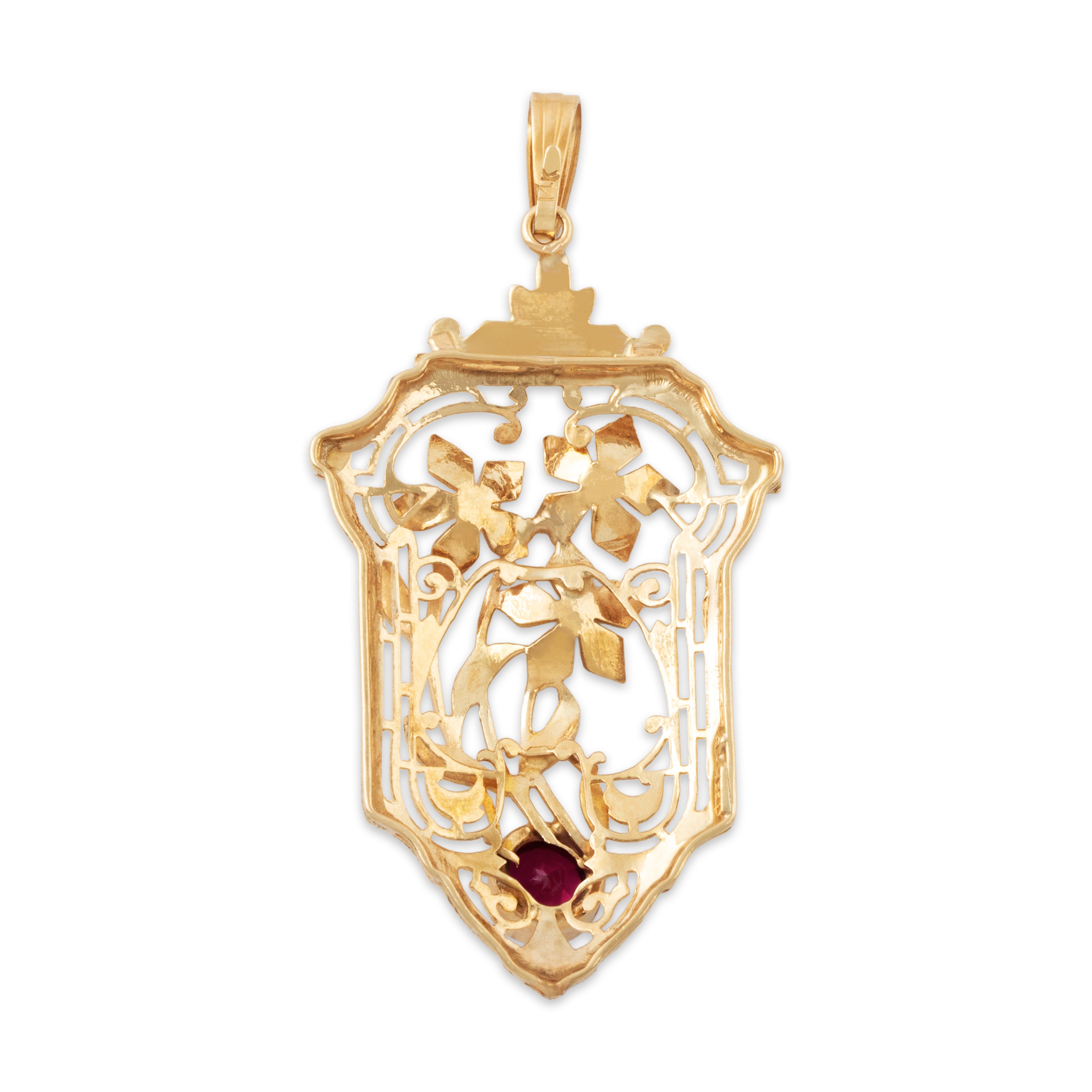 Vintage Lightweight 14k Gold Synthetic Ruby Delicate Openwork Daisies Pendant、mySite、hinf8tx79