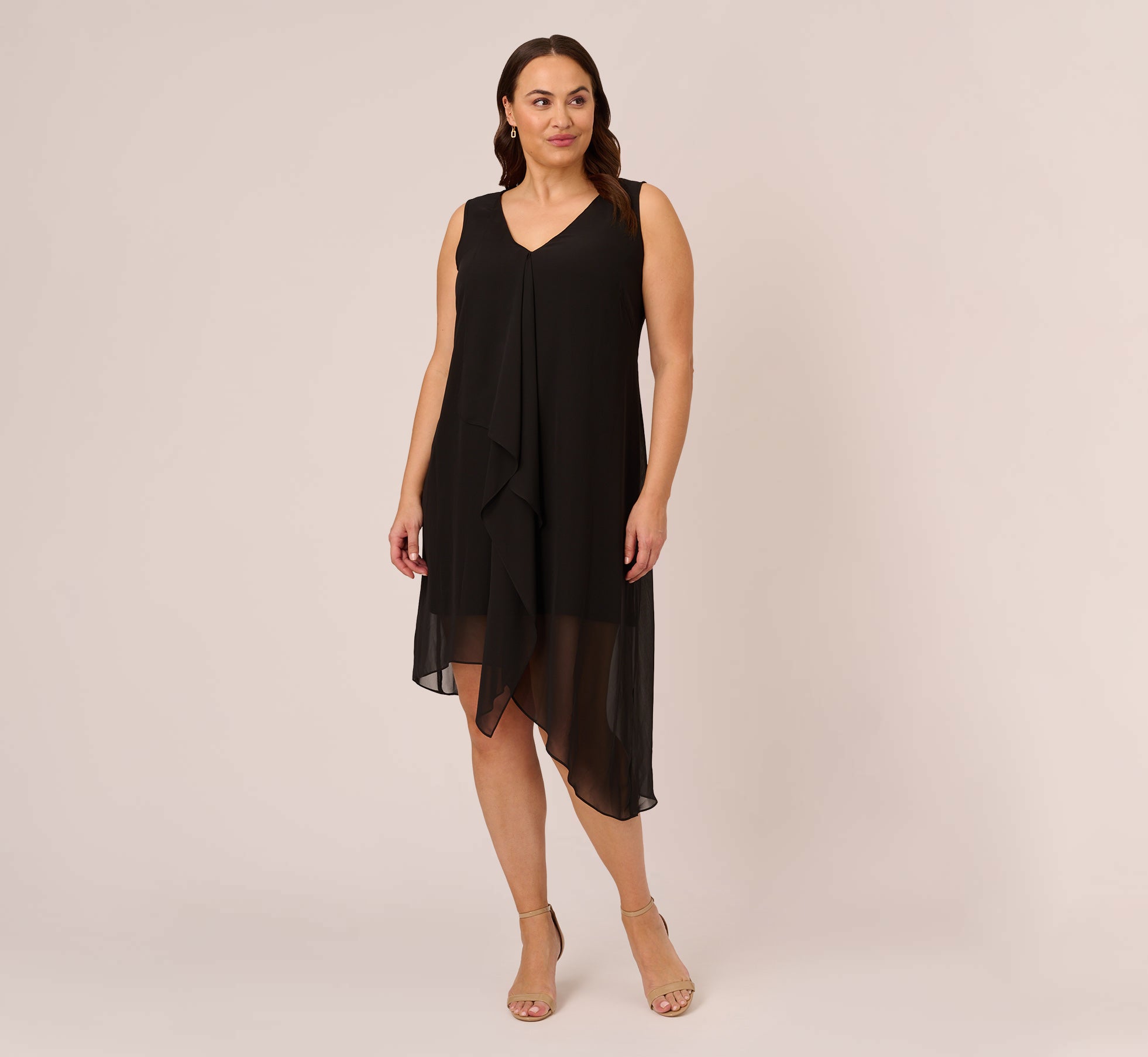 Plus Size Sleeveless Chiffon Dress With Cascading Details In Black、mySite、solidvoid