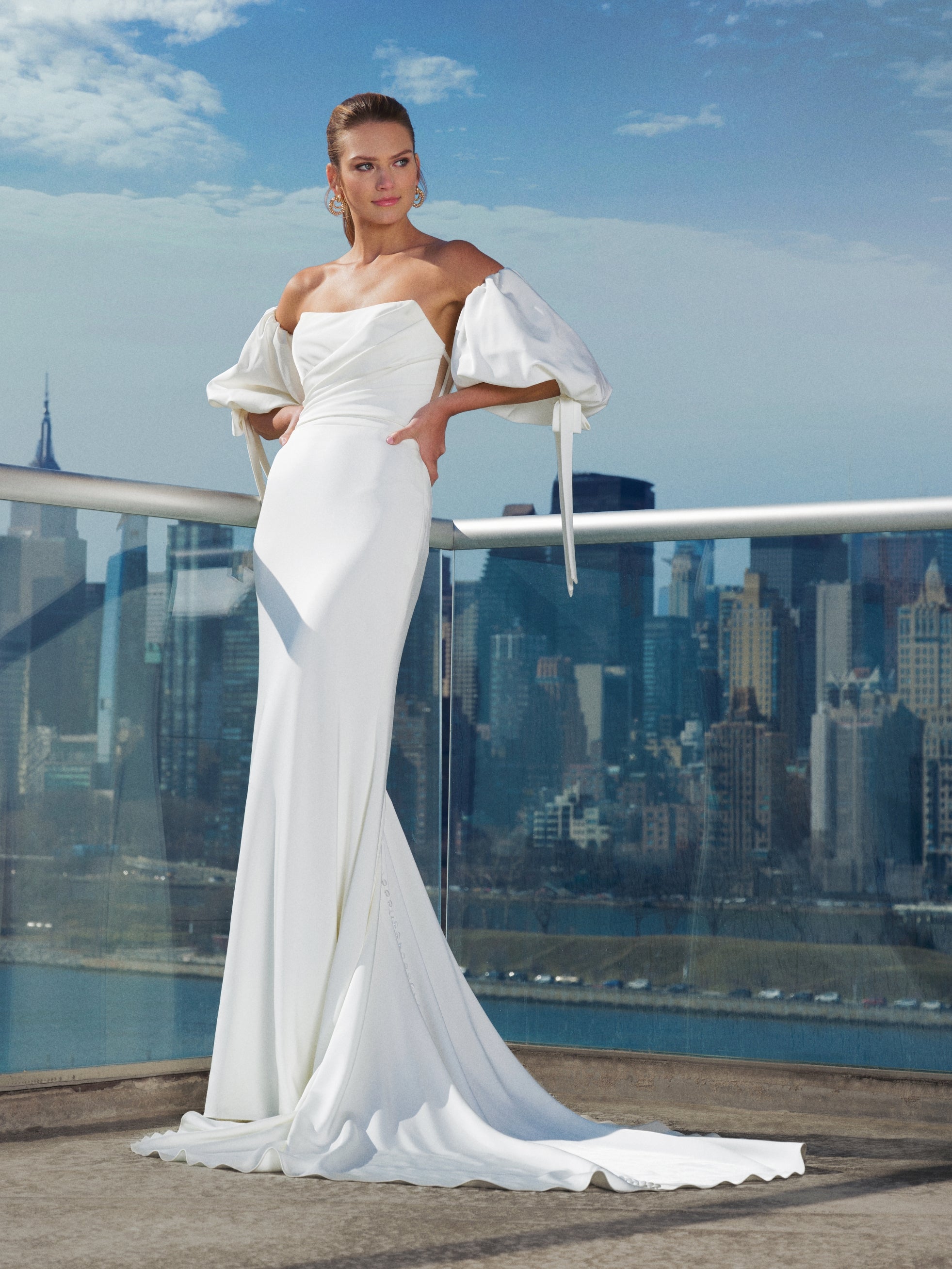 Strapeless Stretch Charmeuse Gown With Detachable Sleeves In Ivory/Ivory In Ivory Ivory、mySite、solidvoid