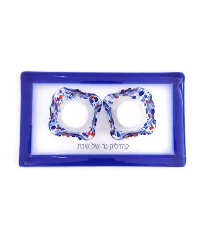 Blue Fused Glass Shabbat Candleholders and Tray、mySite、topwebapps