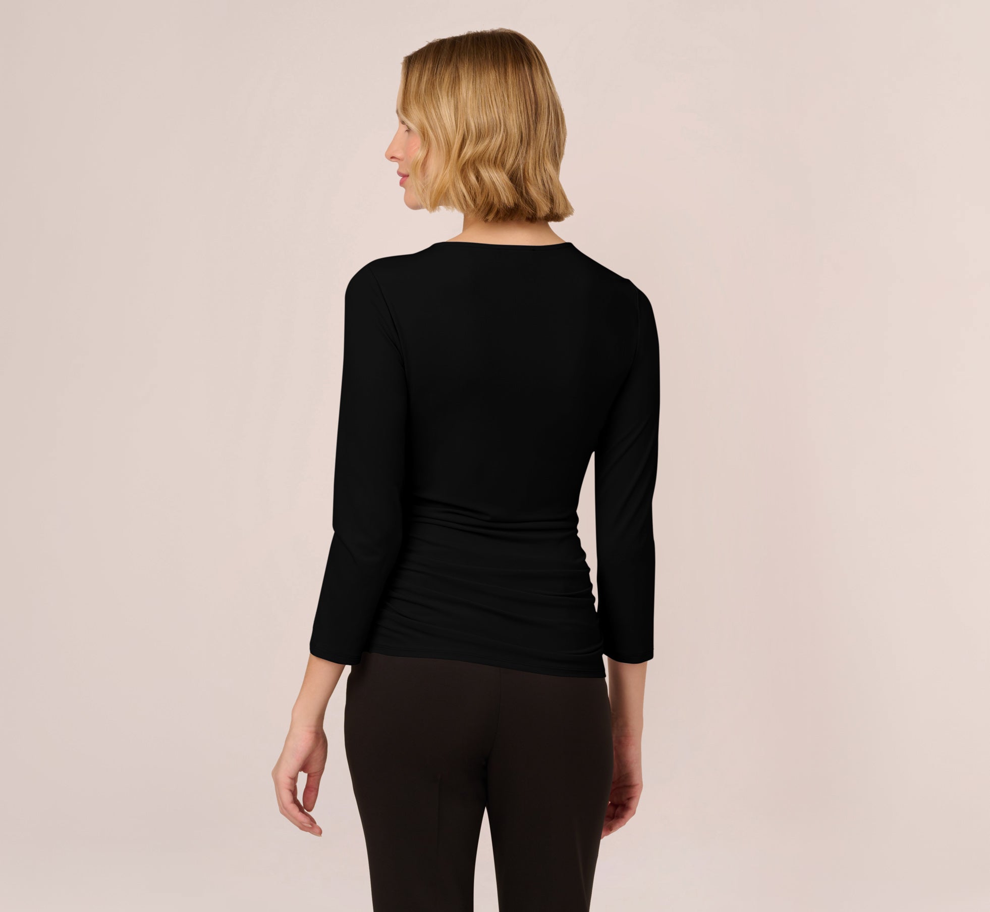 Three Quarter Sleeve Draped Jersey Top With Shirred Sides In Black、mySite、solidvoid