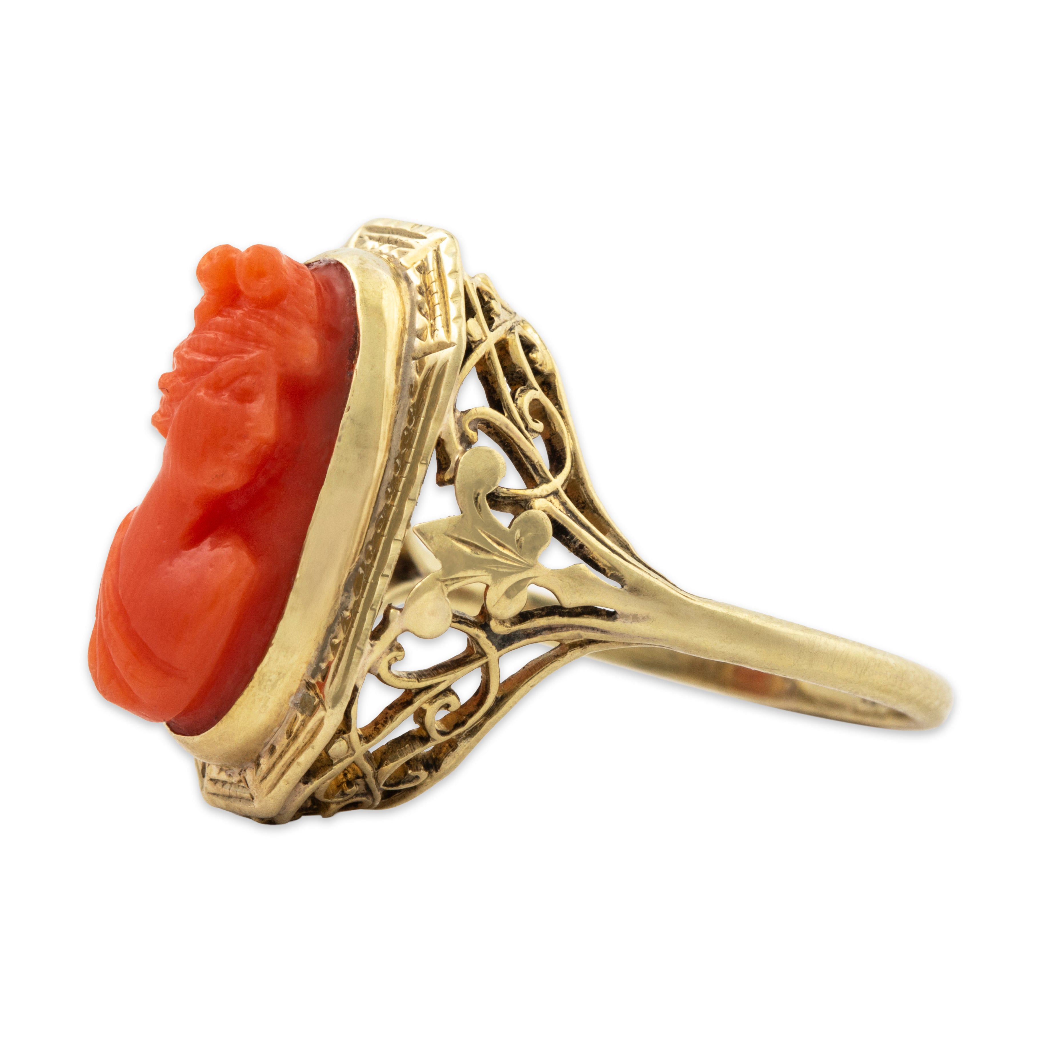 Antique 14k Yellow Gold 3.89ct Coral Openwork With Woman Cameo Ring 5.75、mySite、hinf8tx79