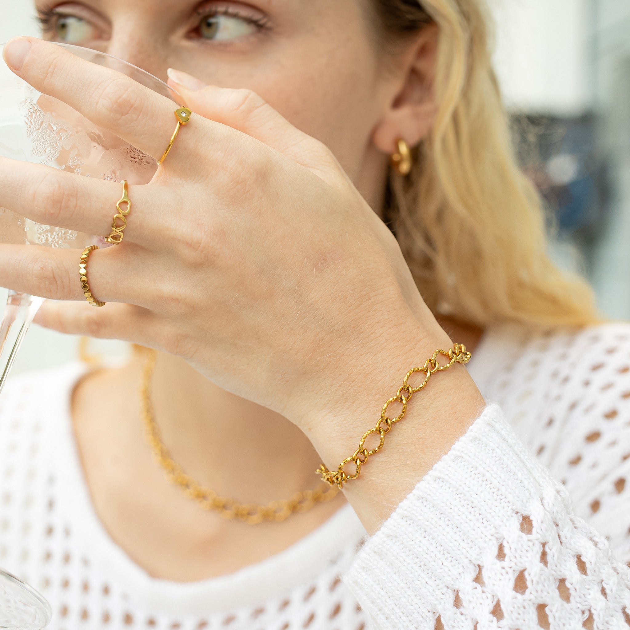 18K Gold PVD Stainless Steel Hammered Oval Chain Bracelet / BRJ1066、mySite、dreamappss