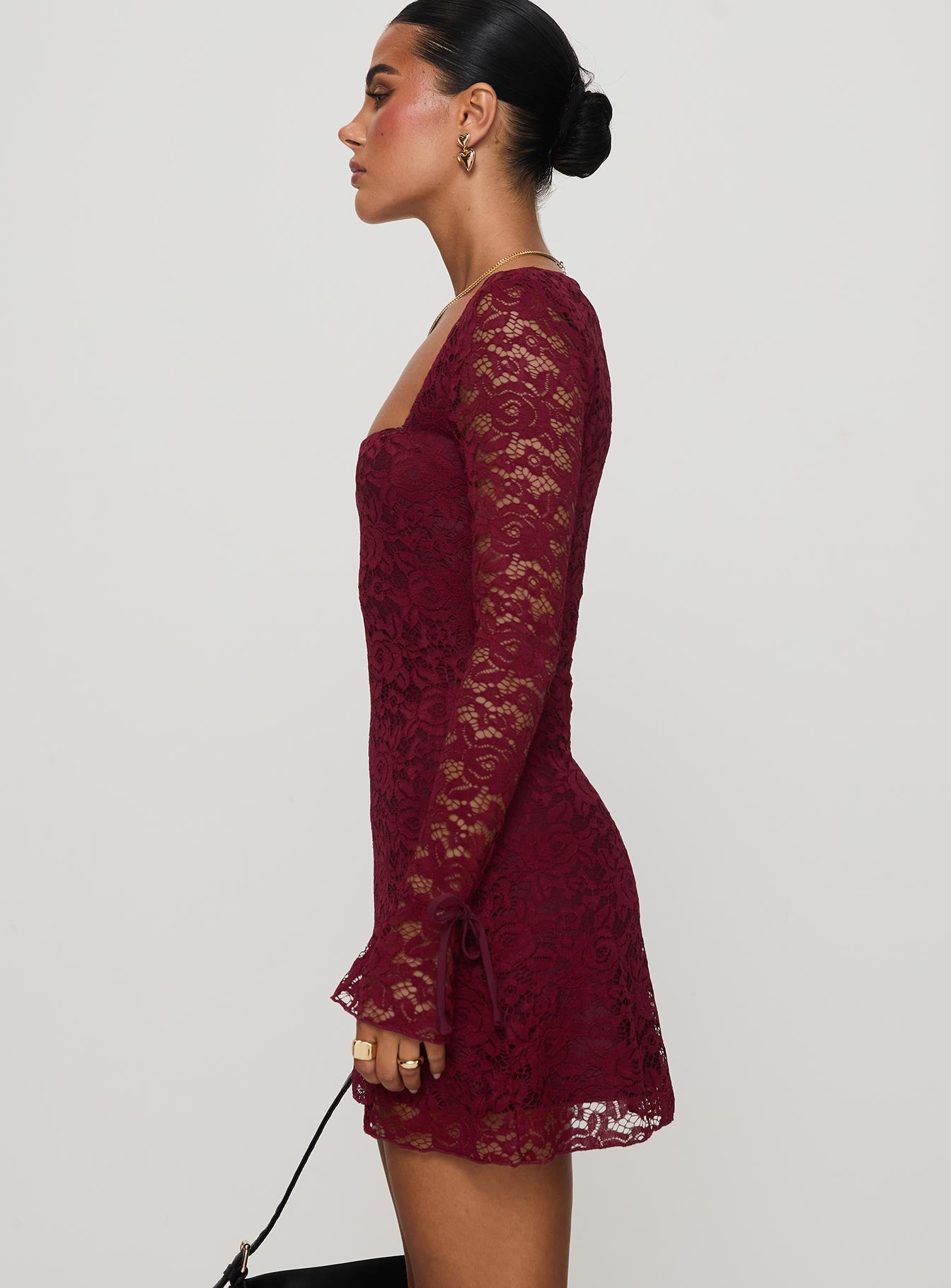 Lucianna Long Sleeve Lace Mini Dress Burgundy、mySite、solidvoid
