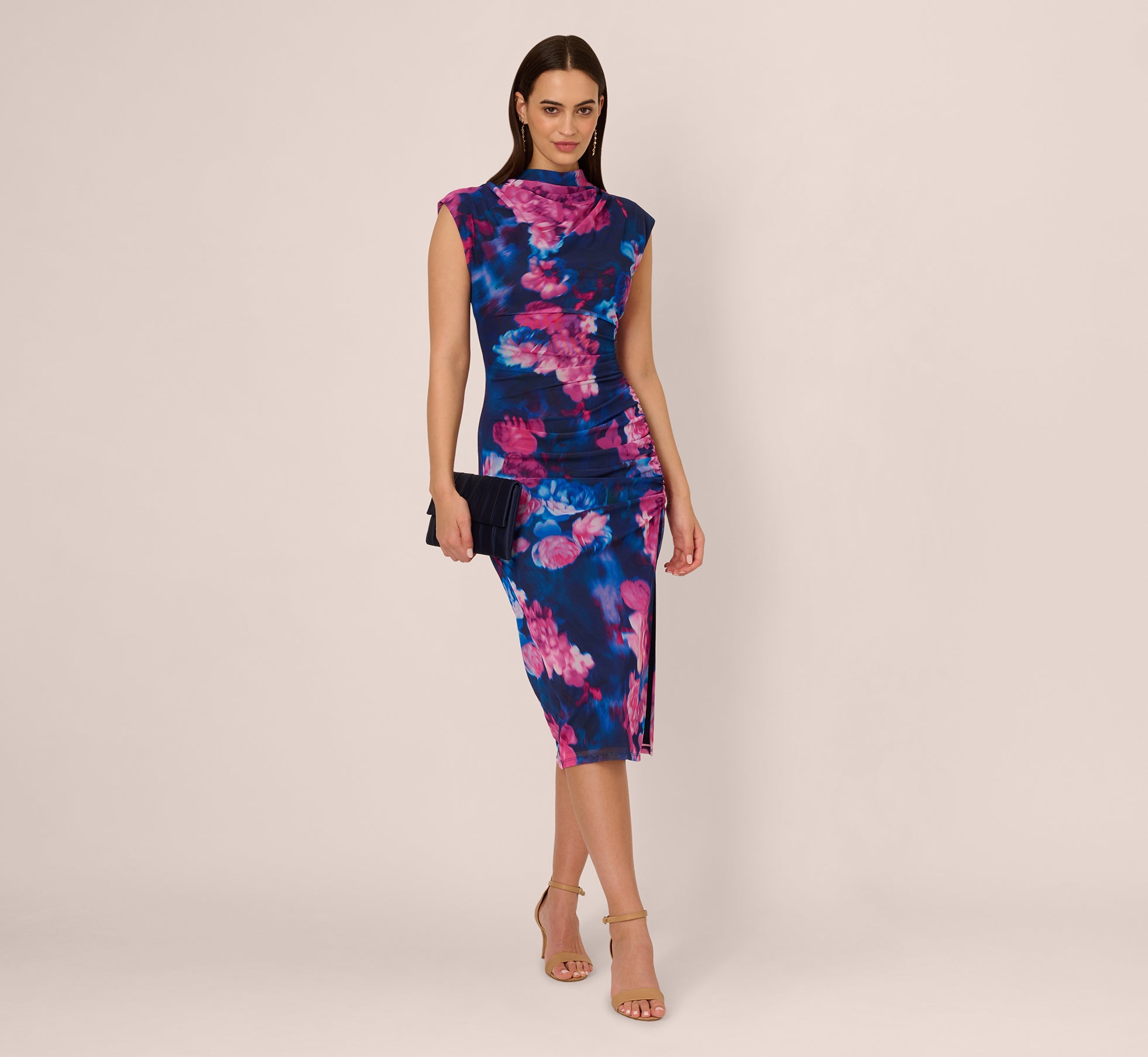Sleeveless Floral Mesh Draped Midi Dress In Navy Pink Multi、mySite、solidvoid