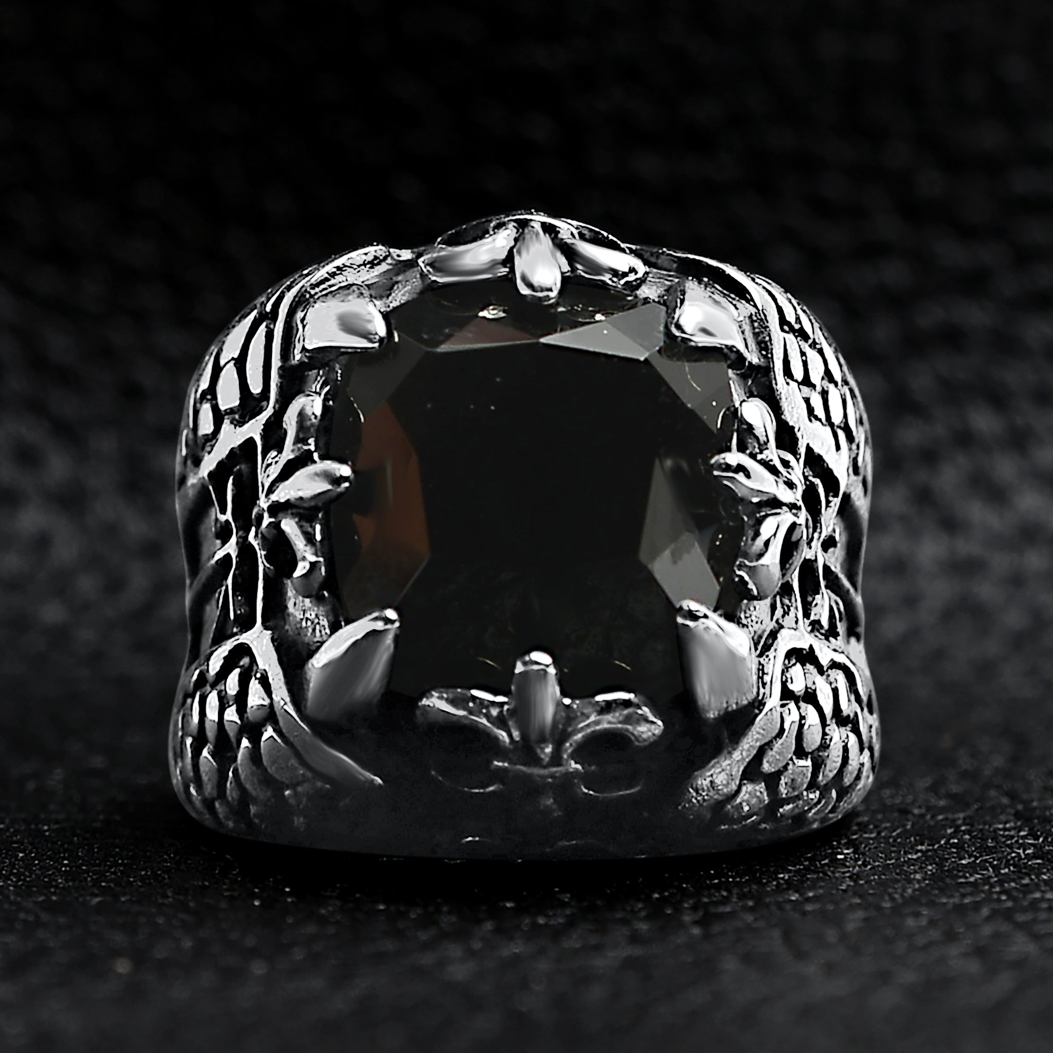 Detailed Black CZ Fleur De Lis Stone Stainless Steel Ring / SCR4021、mySite、dreamappss