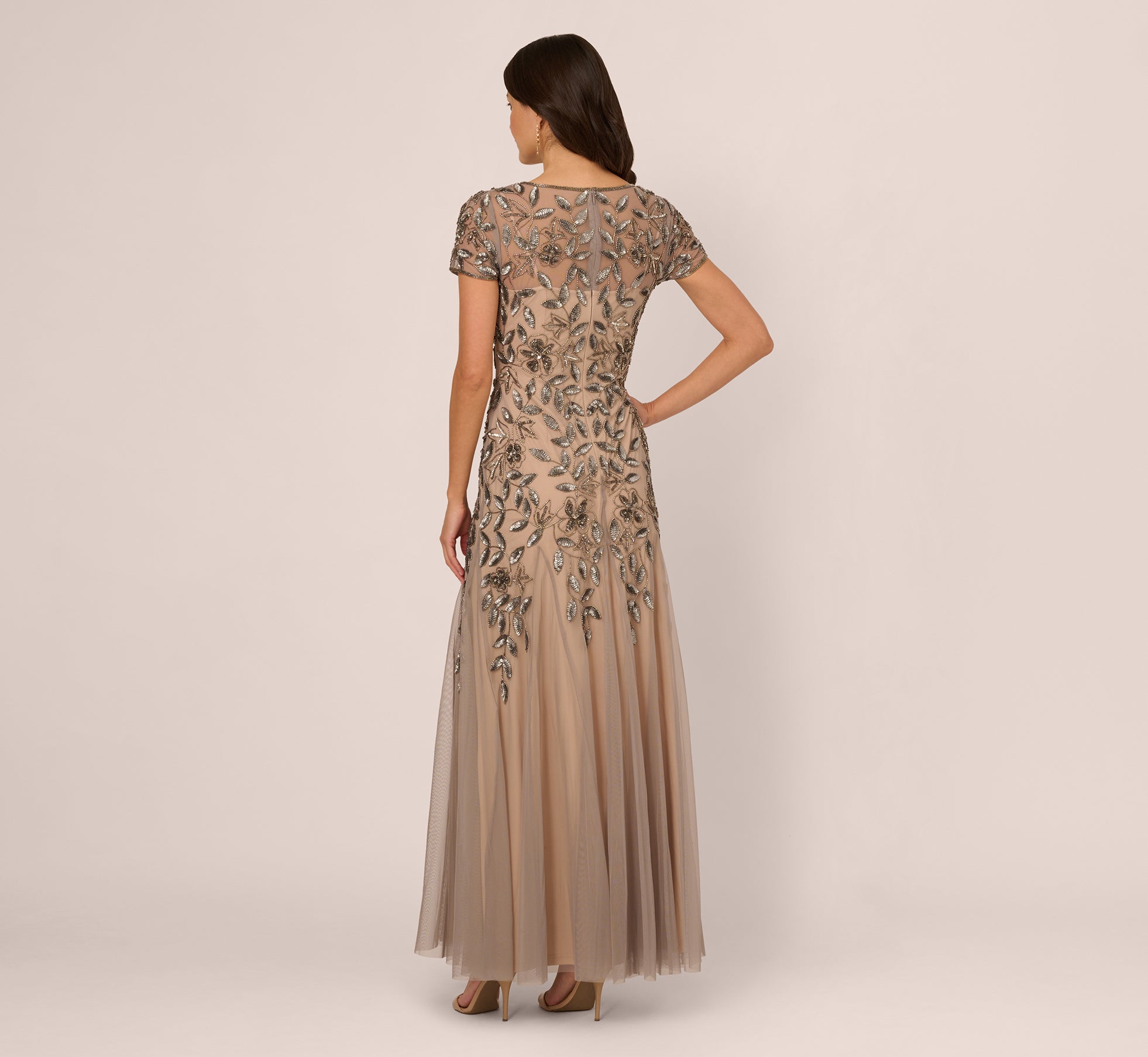 Hand Beaded Short Sleeve Floral Godet Gown In Mercury Nude、mySite、solidvoid