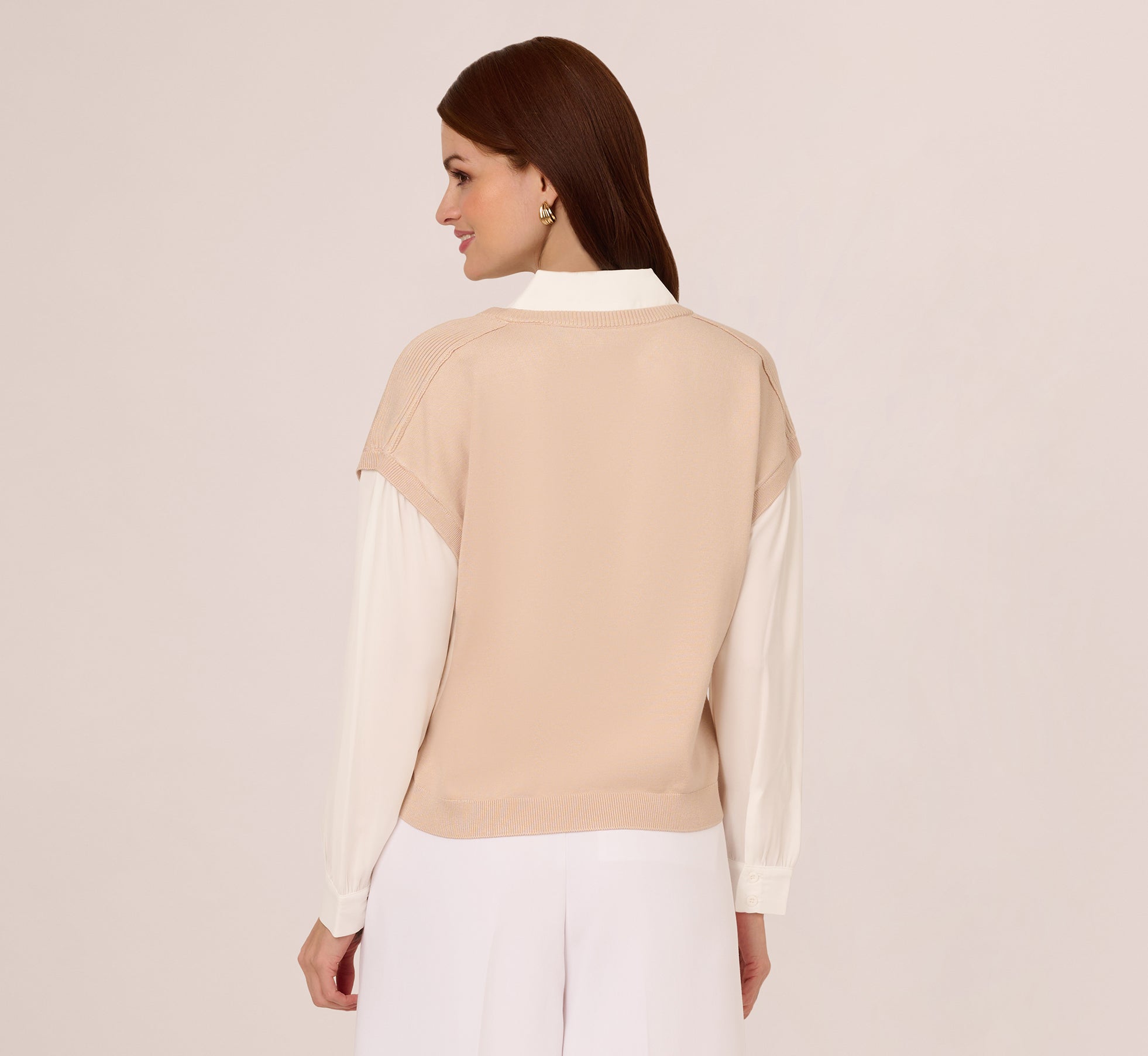 Extended Shoulder Sweater Vest Twofer Shirt In Champagne Blush Ivory、mySite、solidvoid
