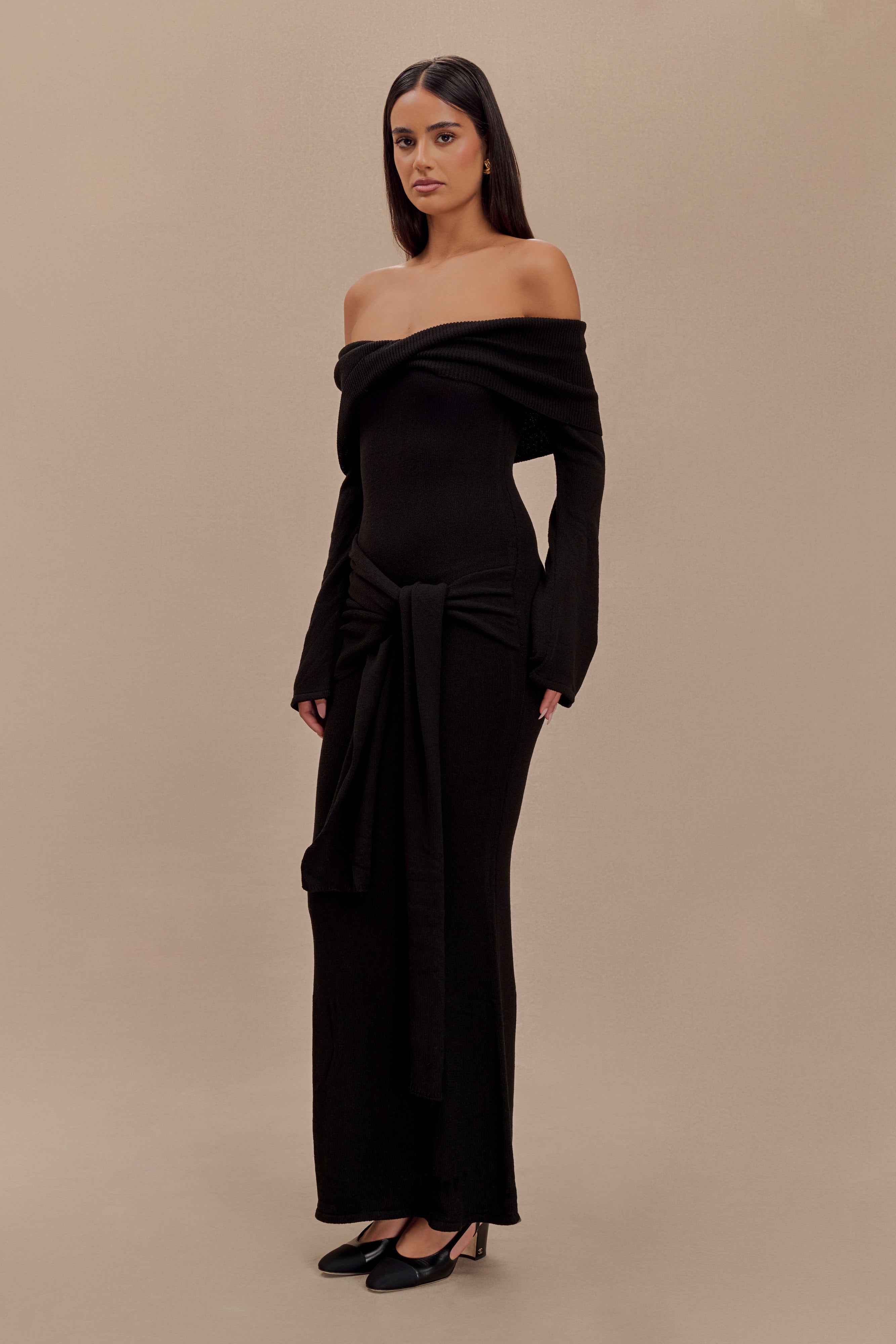 Cameron Off Shoulder Tie Maxi Dress - Black、mySite、solidvoid