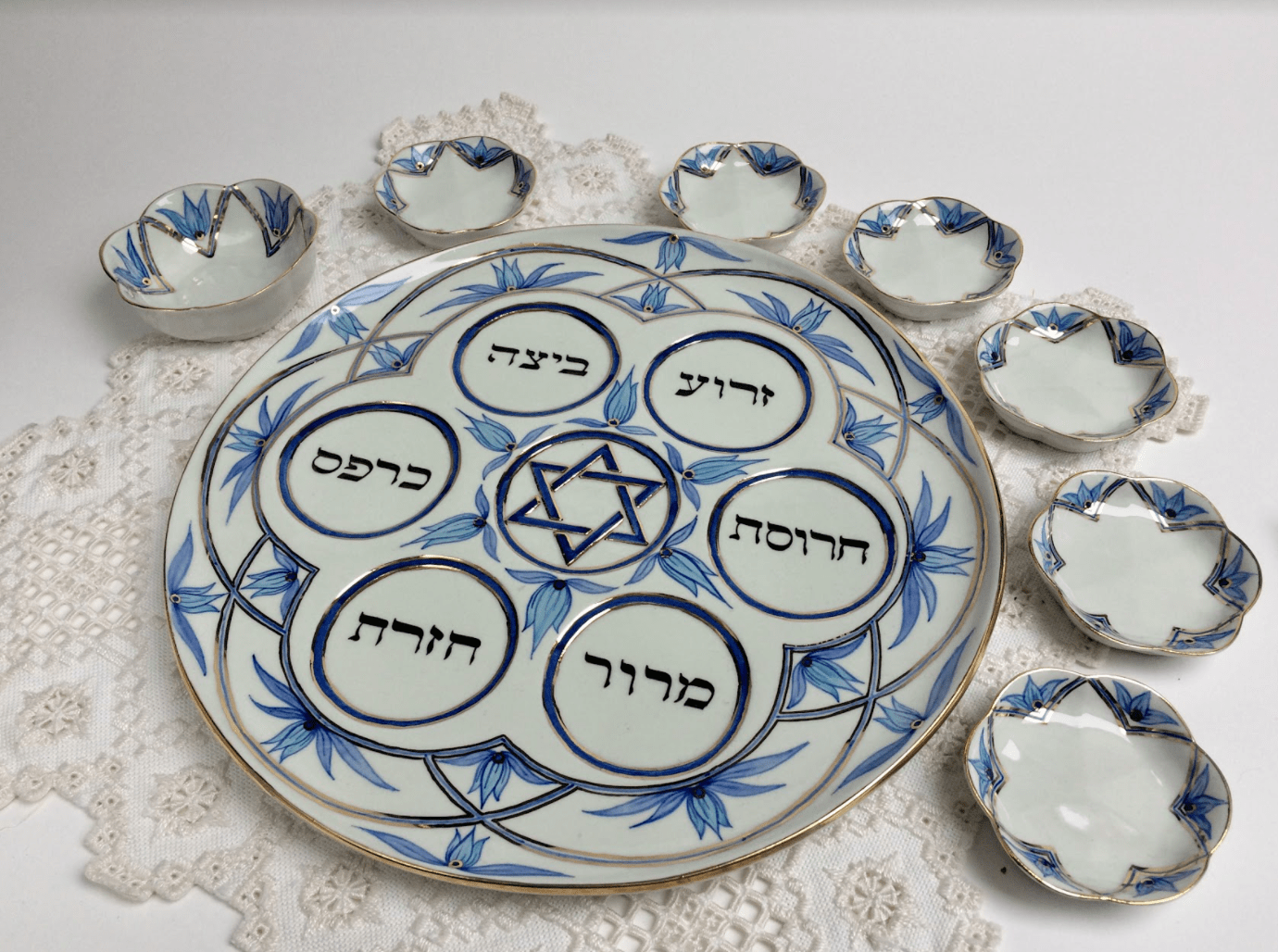 Navy, Turquoise and Gold Floral Porcelain Seder Plate and Salt Bowl、mySite、topwebapps