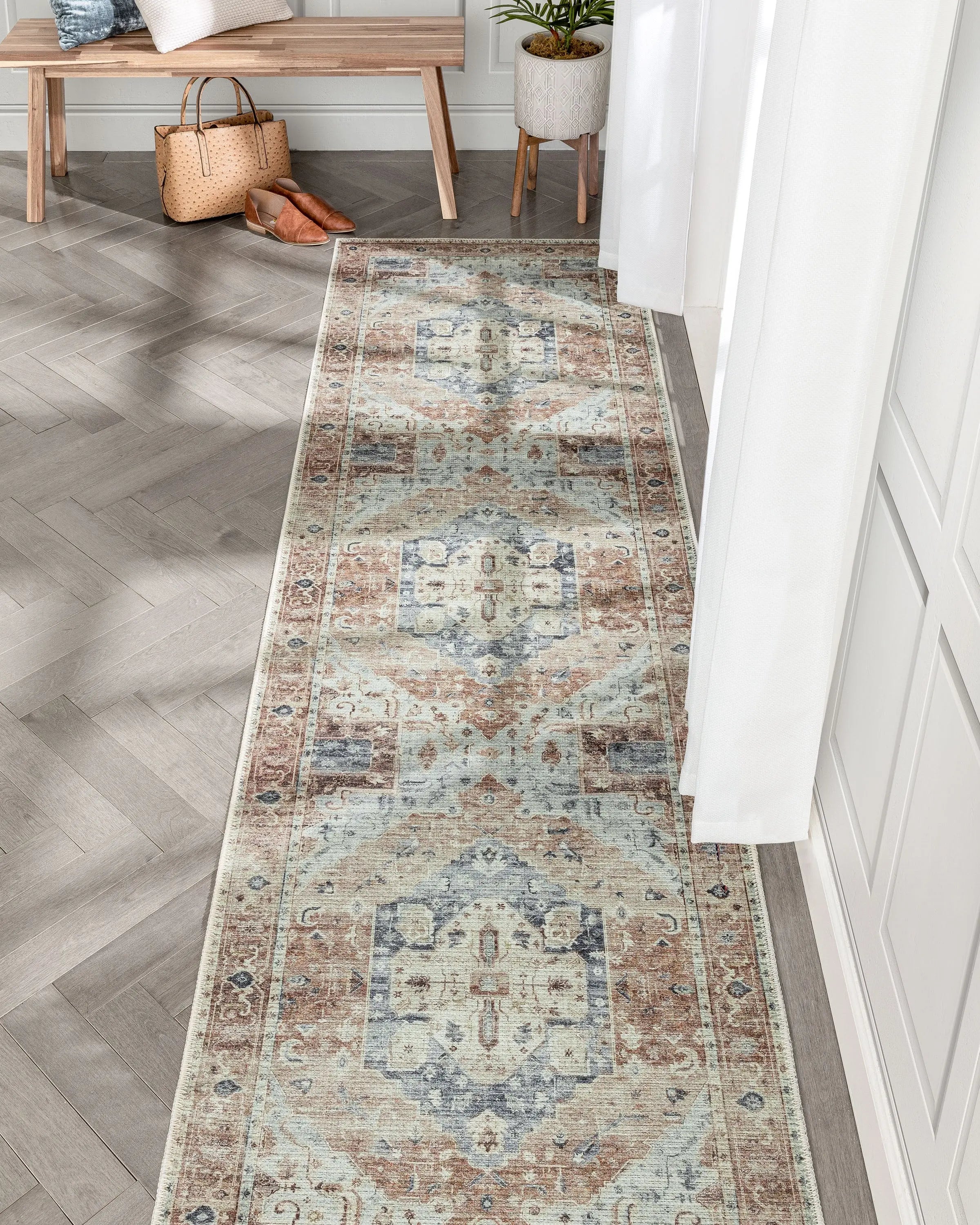 Binita Machine Washable Vintage Medallion Oriental Ivory Rust Flat-Weave Rug、mySite、gigharbornorthrealestate