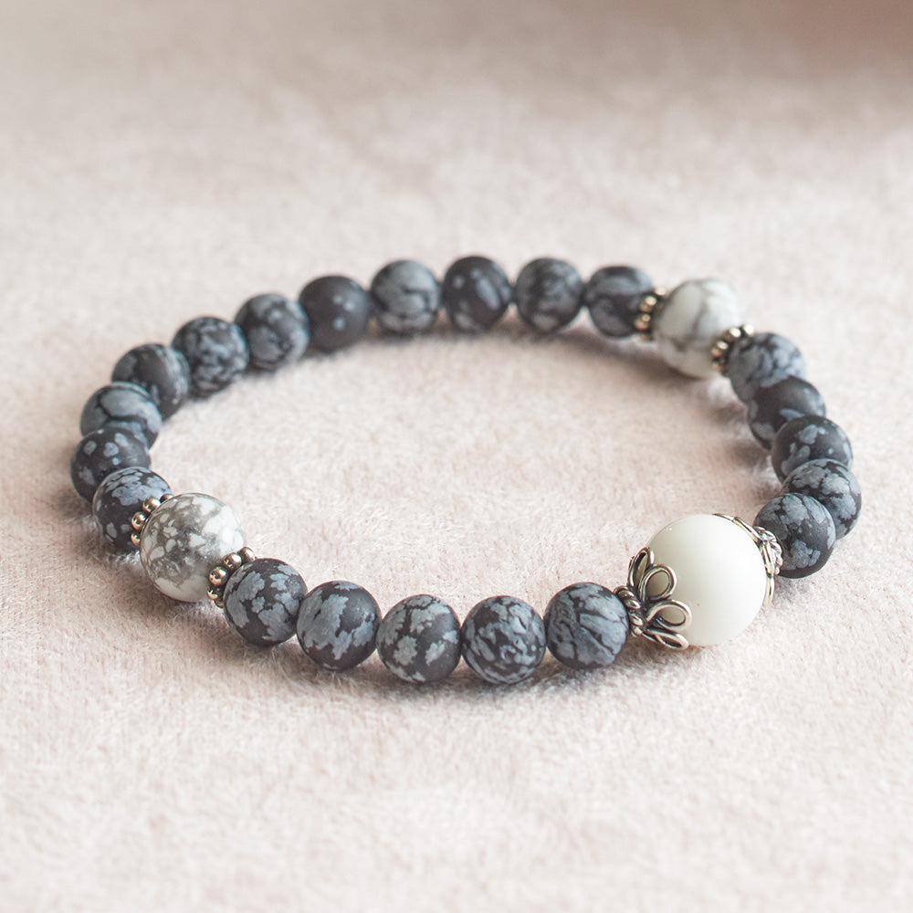 Matte Snowflake Obsidian and Dragon Vein Agate Stretchy Wrist Mala Bracelet、mySite、topwebapps