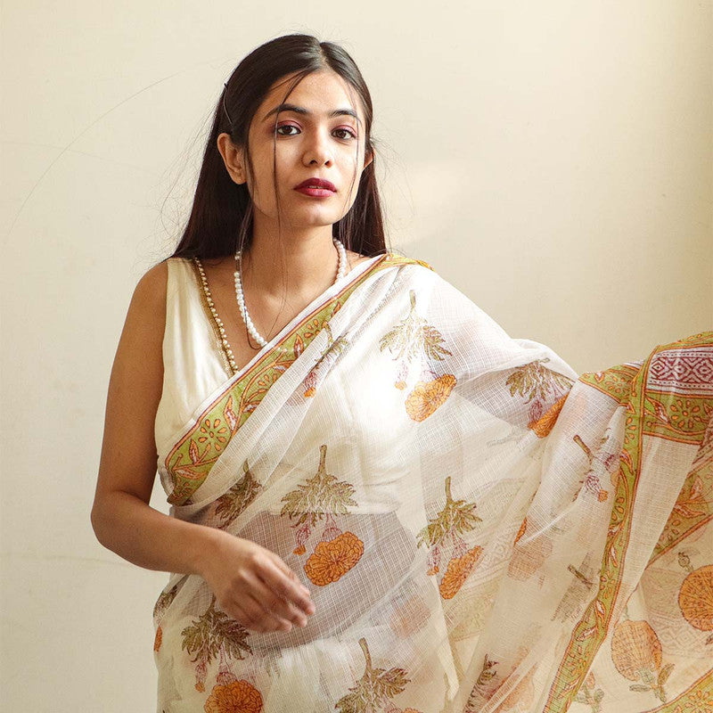 Kota Doria Saree | Handblock Printed | White、mySite、camillekostekn