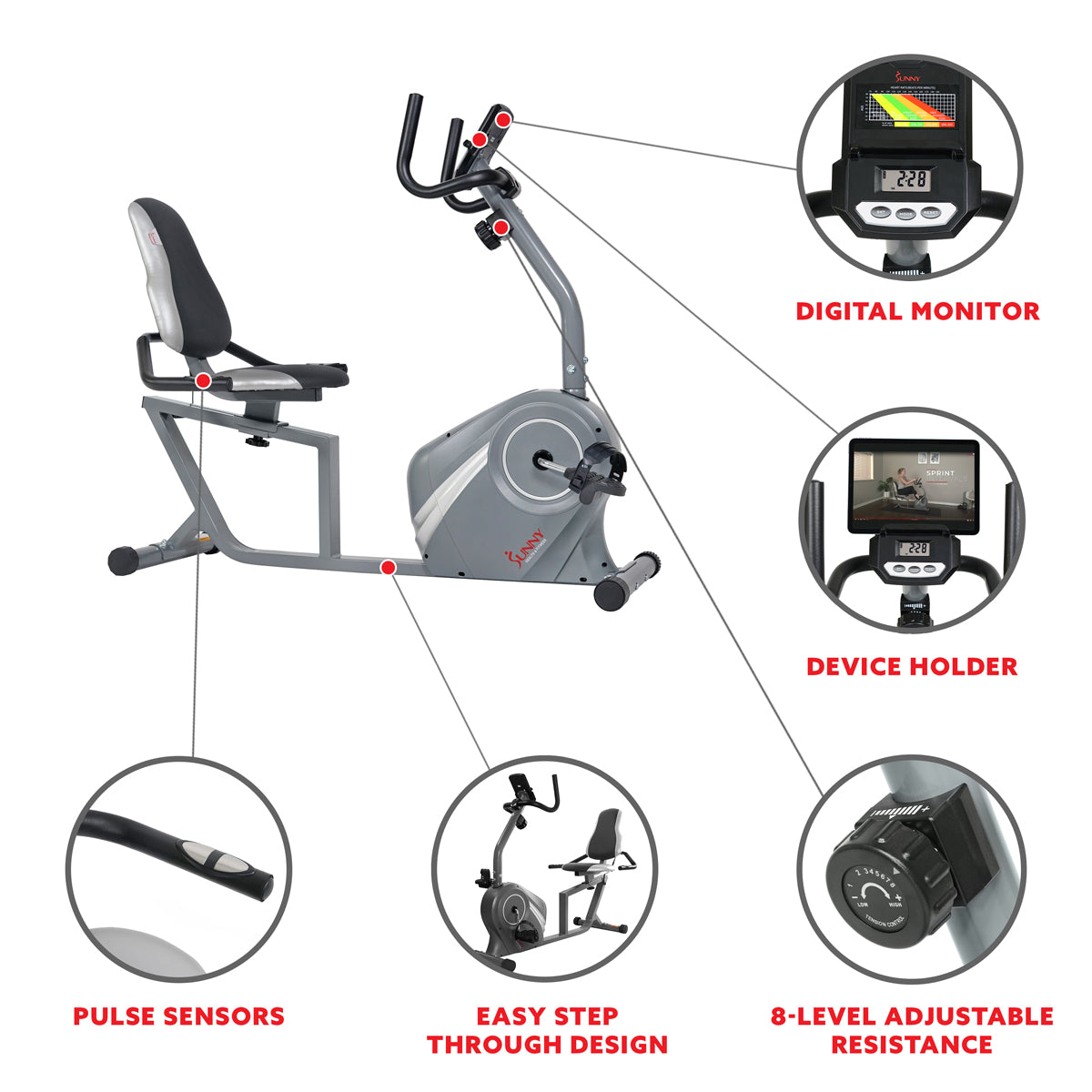  Magnetic Recumbent Bike with Soft Support Seat、mySite、ghnorth