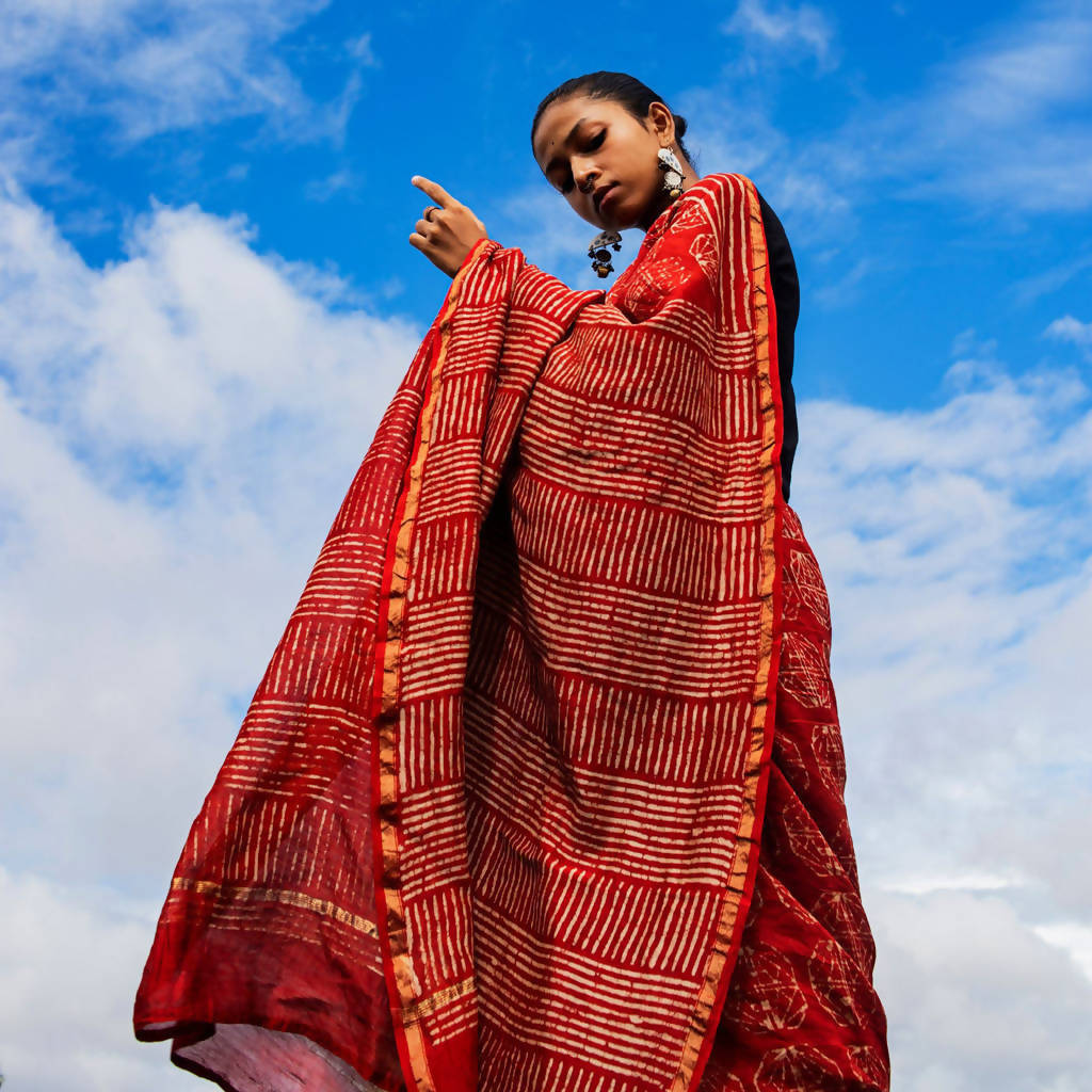 Natural Dyed Rust Dabu Printed Chanderi Saree、mySite、camillekostekn