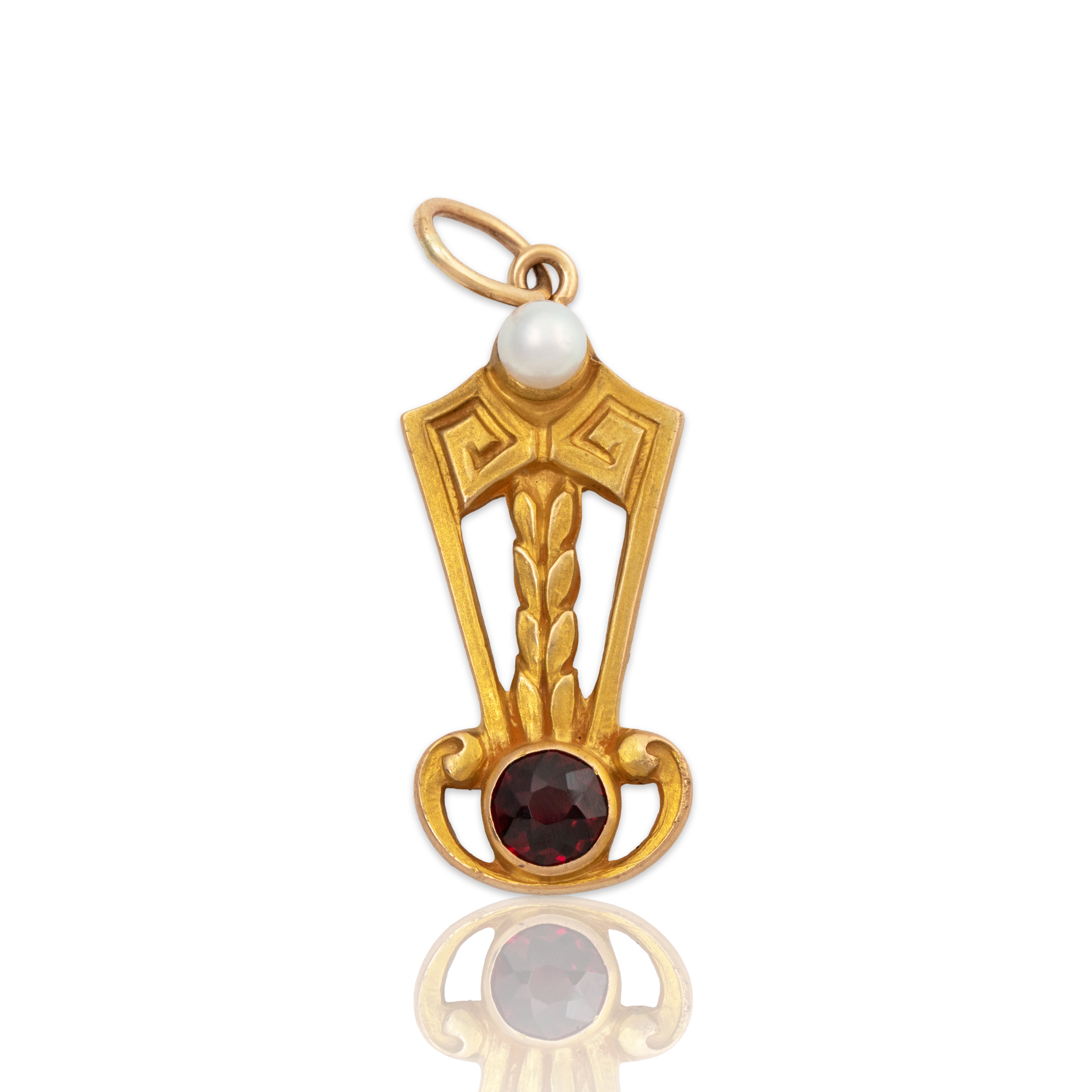 Antique Art Deco 14k Yellow Gold Garnet Pearl Leaf Engraving Charm / Pendant、mySite、hinf8tx79