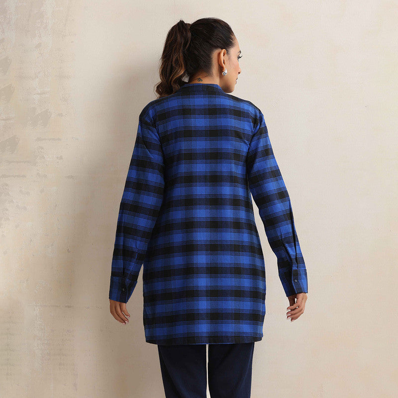 Cotton Short Kurta For Women | Mandarin Collar | Checkered Print | Blue、mySite、camillekostekn