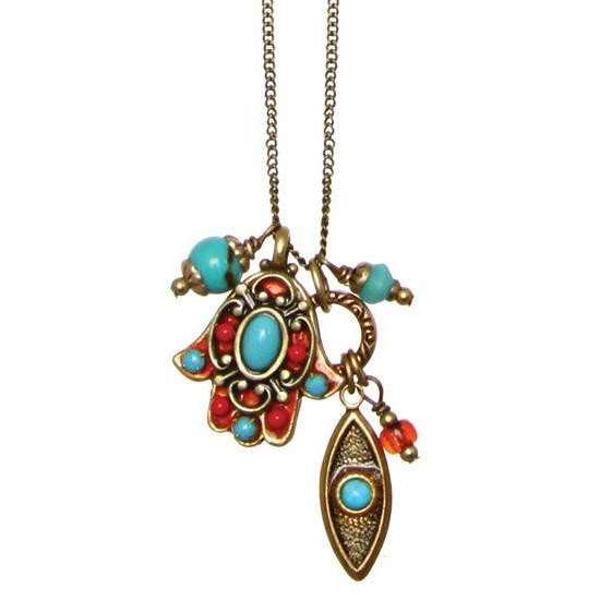 Michal Golan Turquoise and Coral Hamsa and Evil Eye Cluster Charm Necklace、mySite、topwebapps