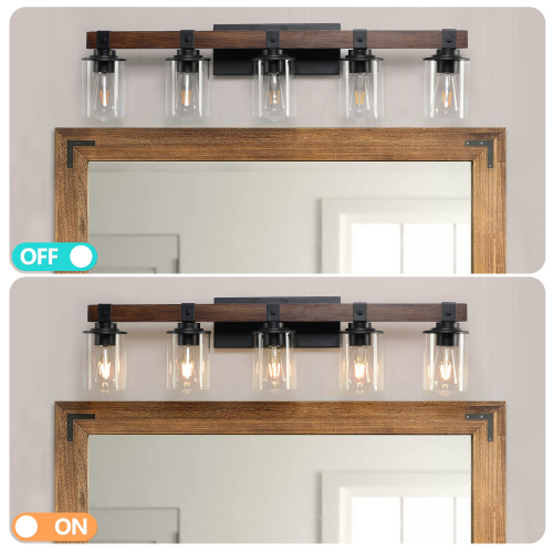 (Same as W1340119957/L1016) 27" Rustic 4-Light Vanity Light, Industrial Bathroom Wall Sconce with Glass Shades and Wood Accent, Modern Farmhouse Lighting Fixture (No Bulbs)、、eastwooduniform
