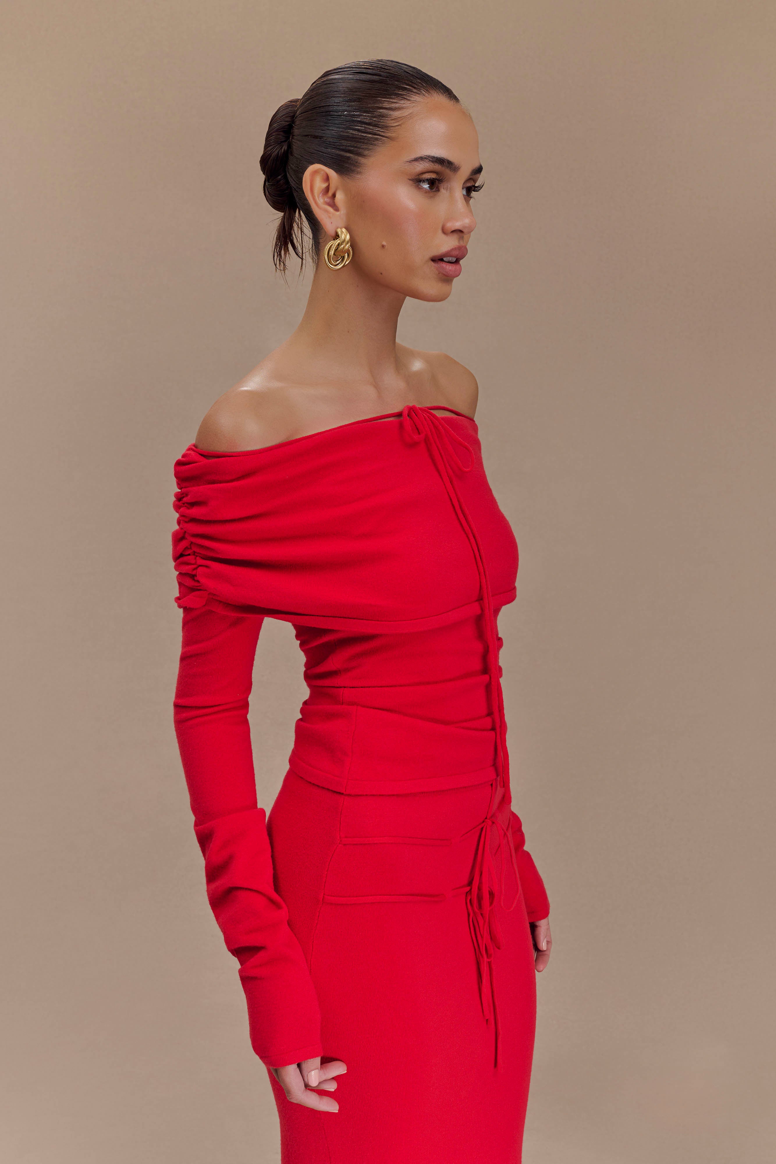 Polly Off Shoulder Long Sleeve Knit Top - Red、mySite、solidvoid