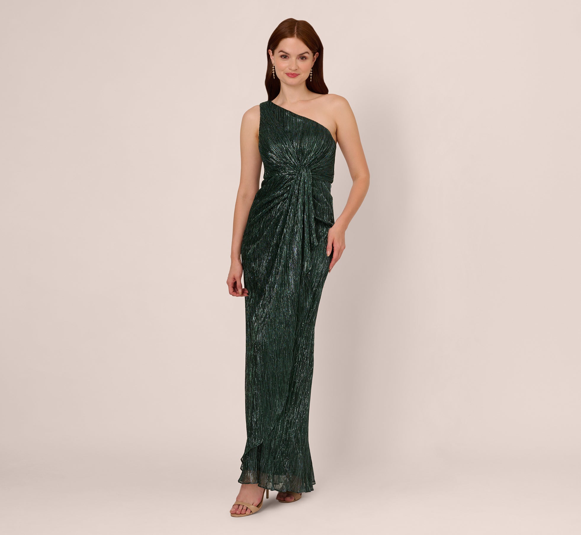 Stardust Pleated Draped One Shoulder Gown In Green Pine、mySite、solidvoid