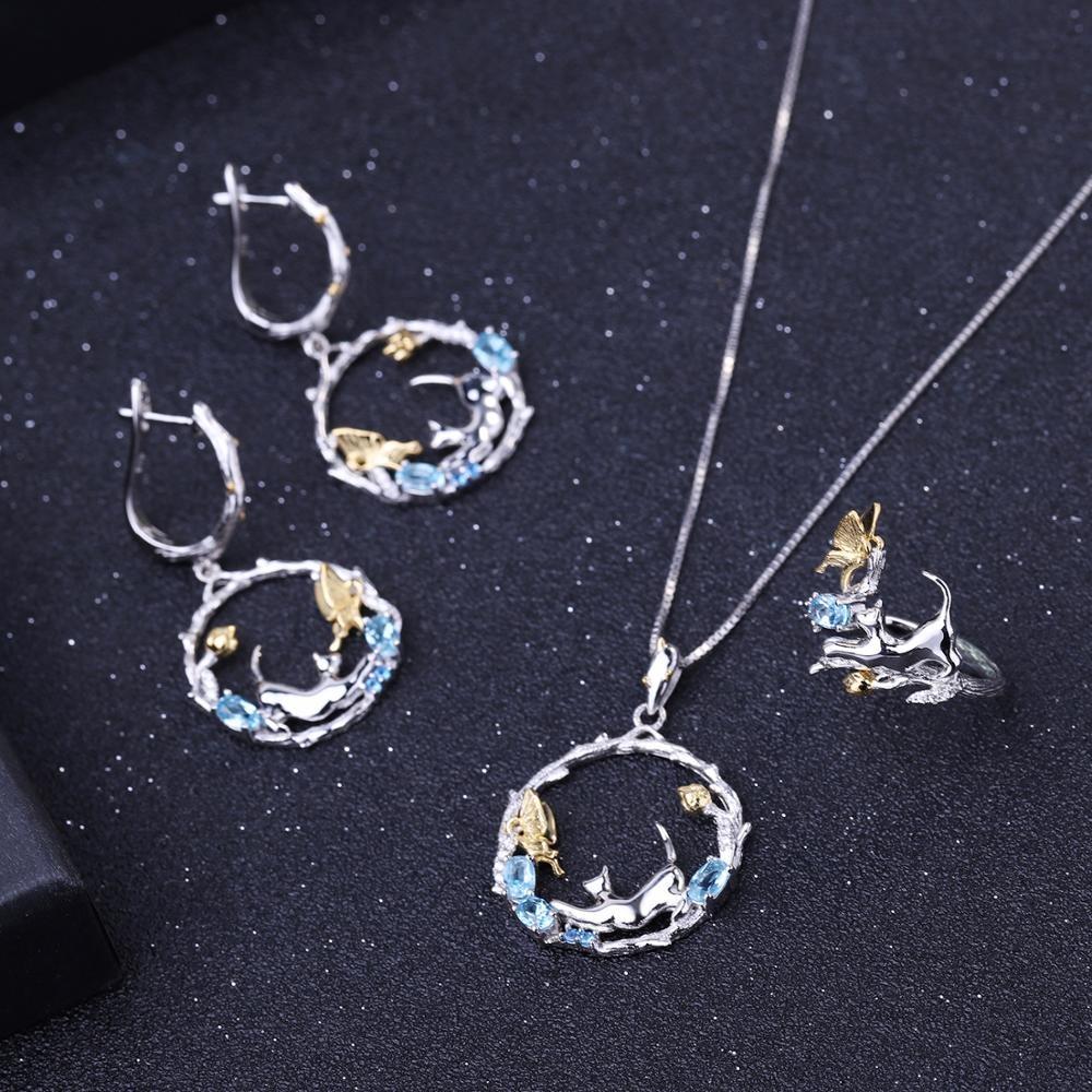 Cat and Butterfly Fine Sterling Silver Jewelry, Genuine Gemstone-Necklace, Earrings, Ring or SET、mySite、g9winljtr