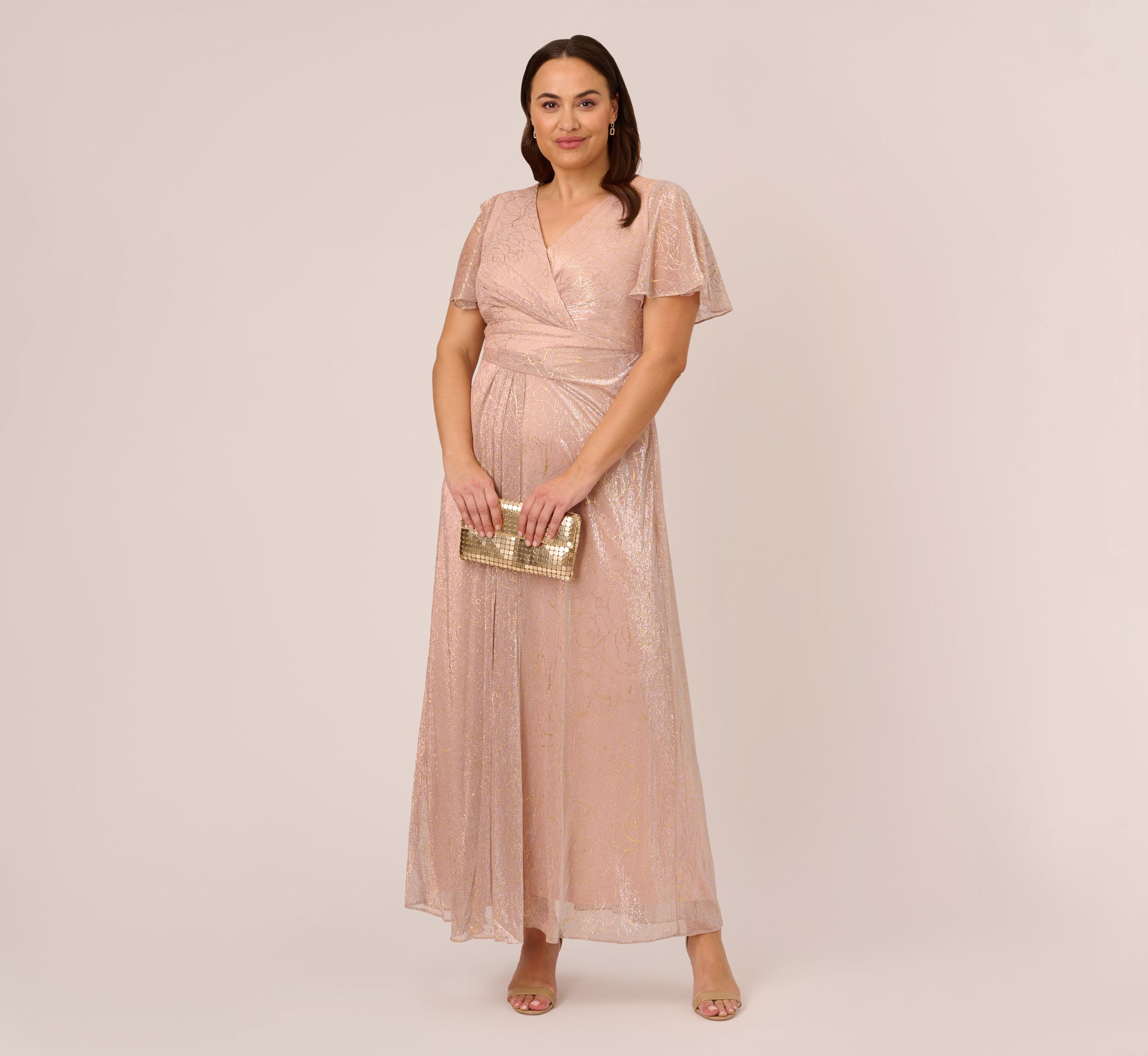 Plus Size Metallic Mesh Draped Gown In Rose Gold、mySite、solidvoid