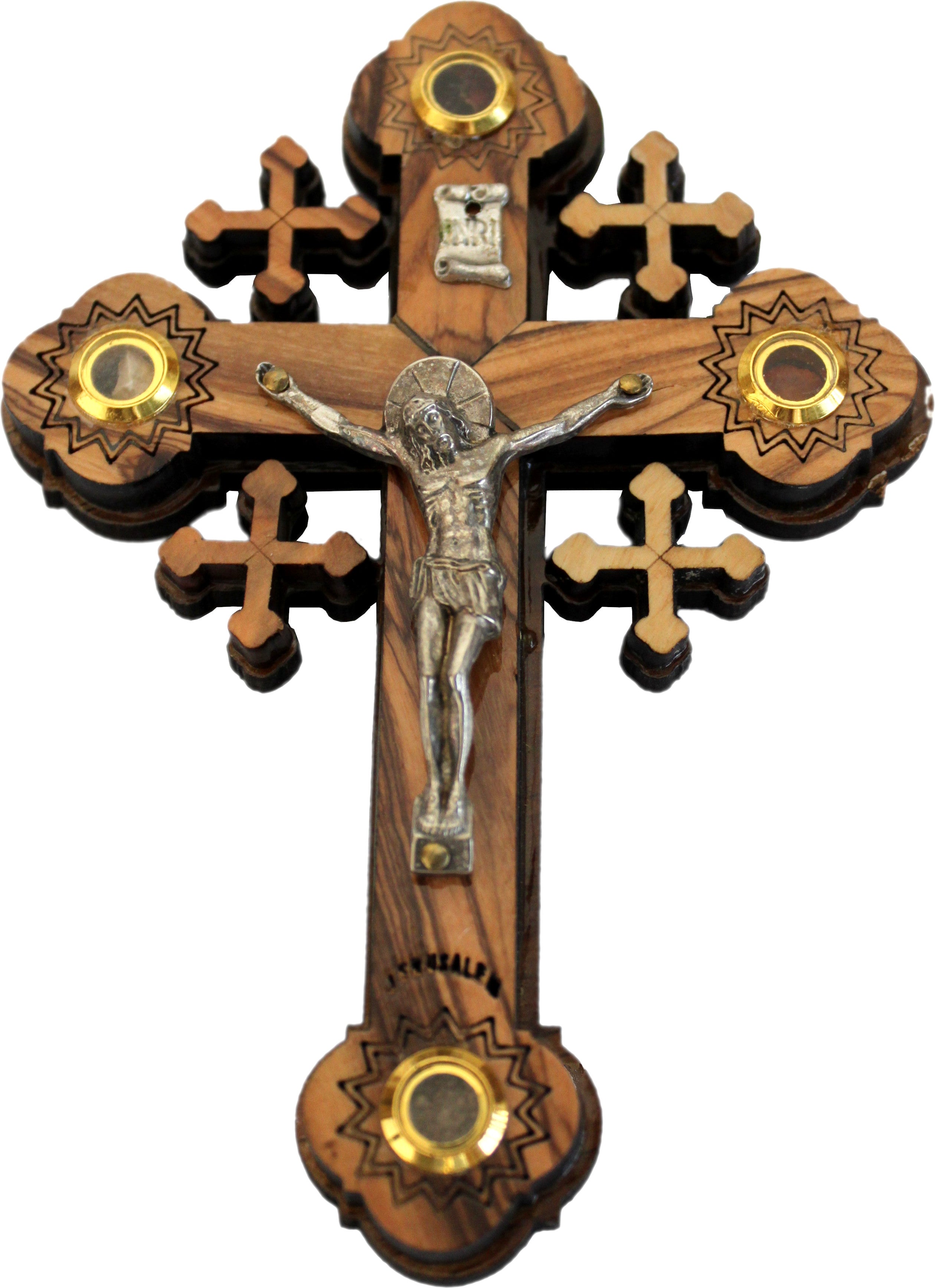 Layered Olive Wood Cross Carved by Laser with Holy Land Samples - Hanging (12 cm or 5 inches) Small/Certificate、mySite、topwebapps