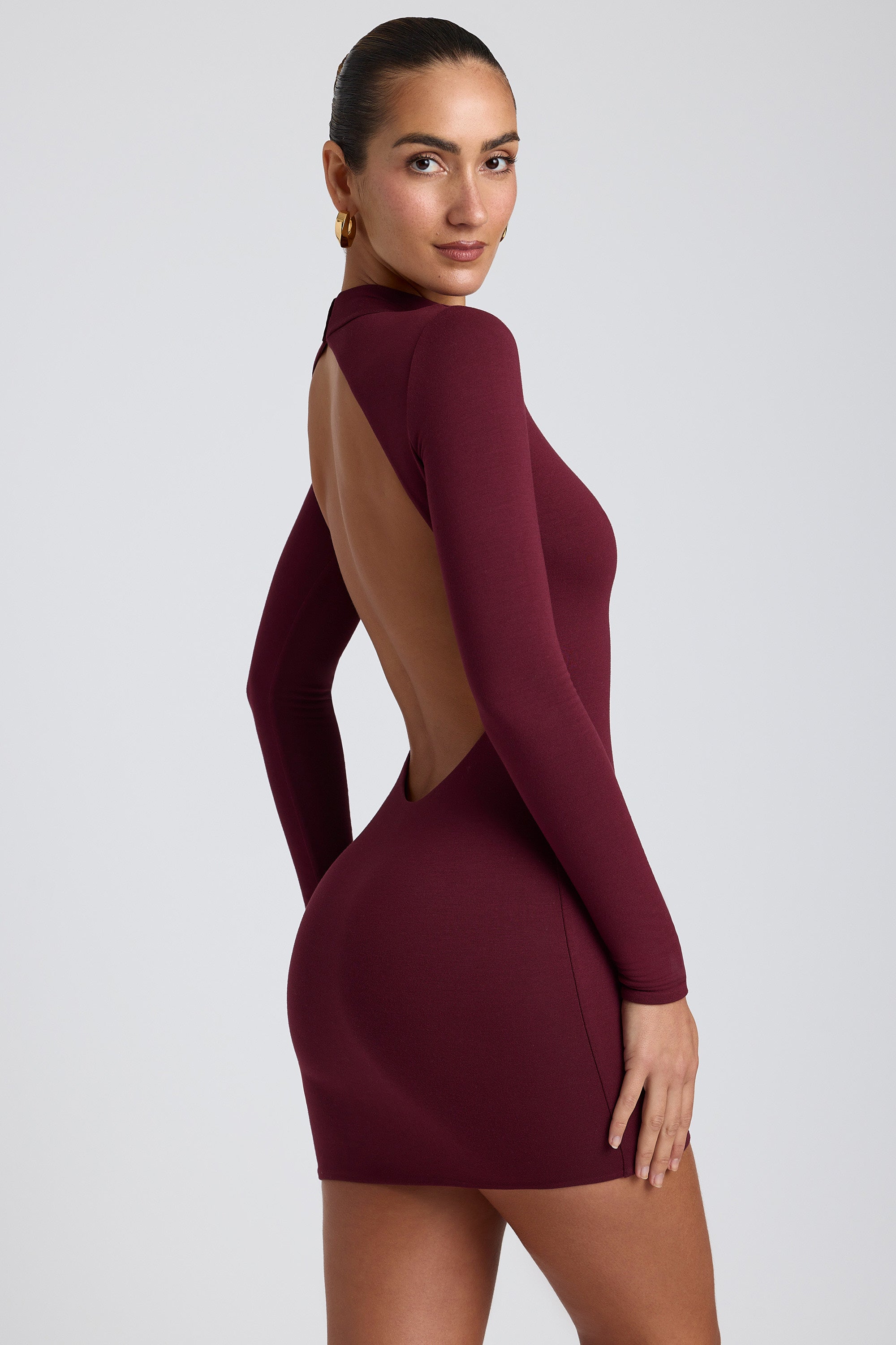 Modal Open-Back Long-Sleeve Mini Dress in Plum、mySite、solidvoid