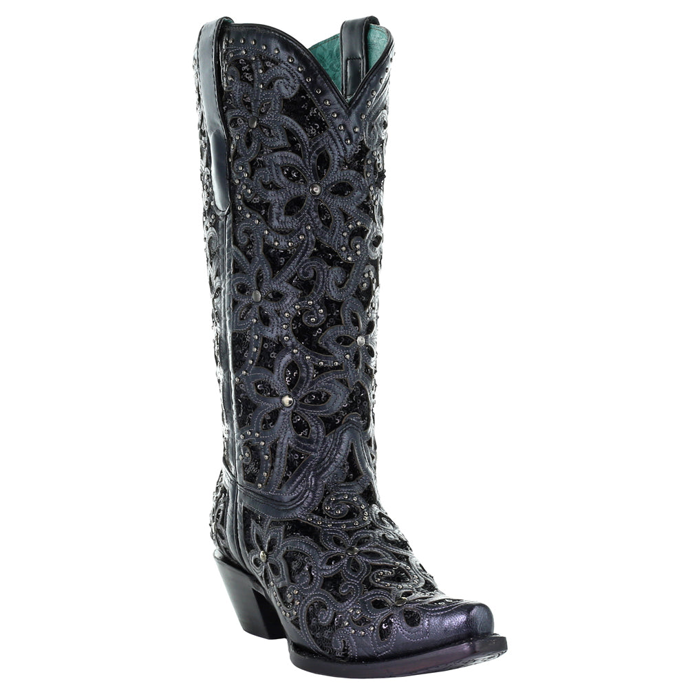 Floral Studded Rhinestones Sequins Tooled Inlay Snip Toe Cowboy Boots、mySite、gtrtttuynbv
