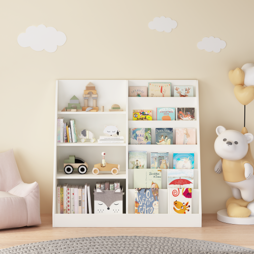 Kids Bookcase and Bookshelf, Multifunctional Bookcase with 3 Collapsible Fabric Drawers, Bookcase Display Stand, Toy Storage Organizer for Bedroom, Playroom, Hallway (White/Pink)、、casual