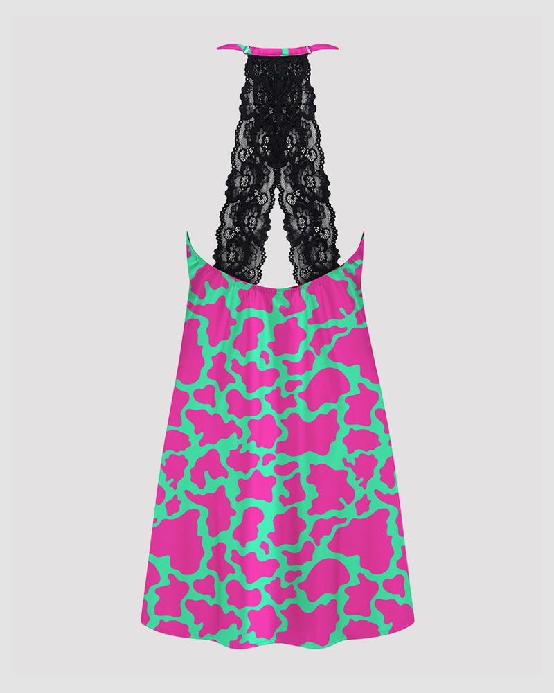 Women Pink Cow Print Satin Suspender Pajamas、mySite、bengalsvssteelers