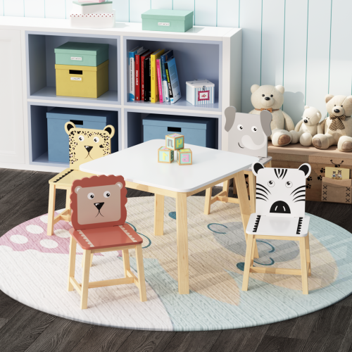 Kids Table and 2 Chairs Set, 3 Pieces Toddler Table and Chair Set, Wooden Activity Play Table Set (Lion&Monkey)、、casual
