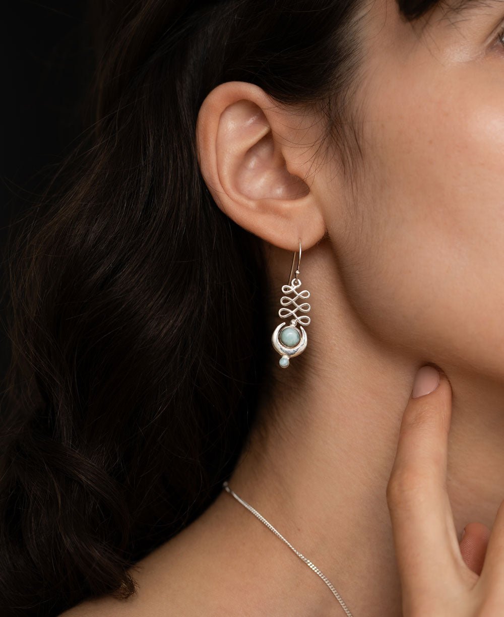 Larimar and Sterling Silver Unalome Moon Earrings、mySite、topwebapps