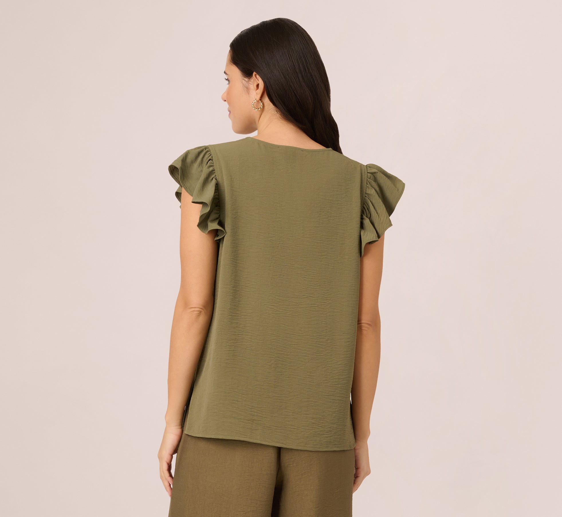 Ruffle Sleeve V Neck Satin Top In Olivine、mySite、solidvoid