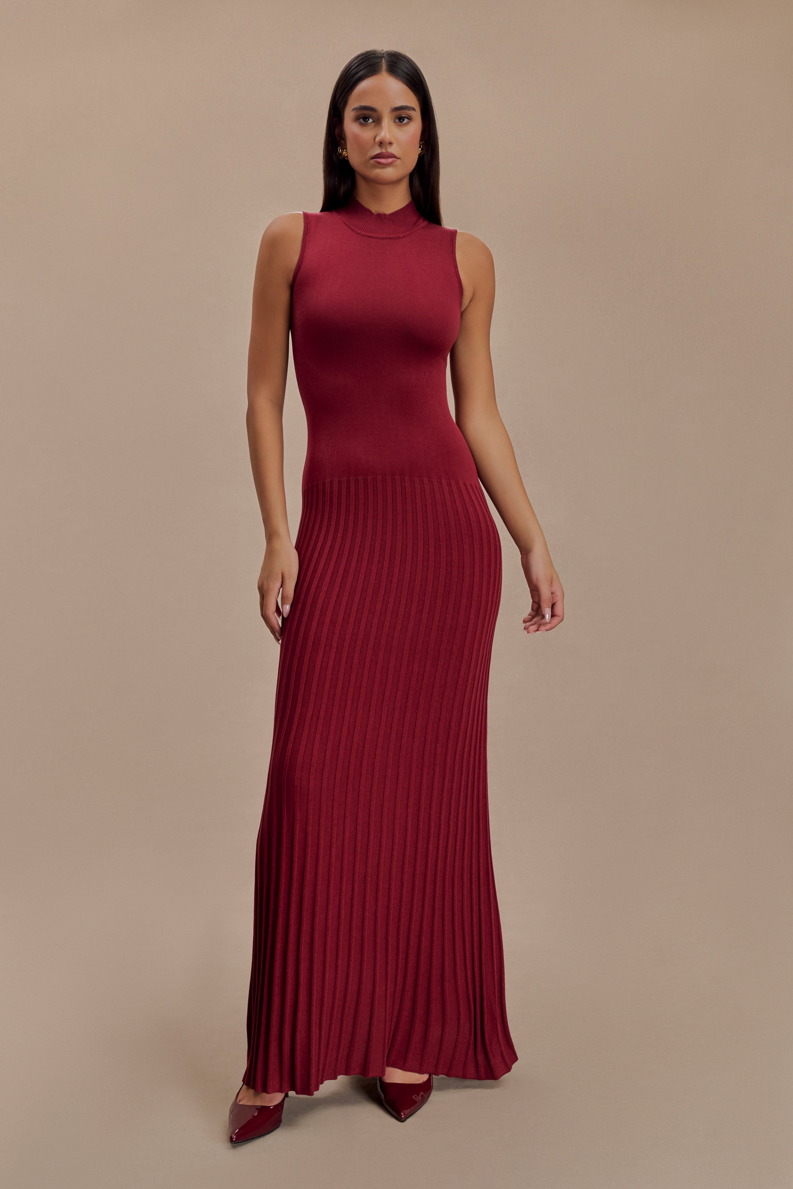 Mavis High Neck Pleated Maxi Dress - Mahogany、mySite、solidvoid