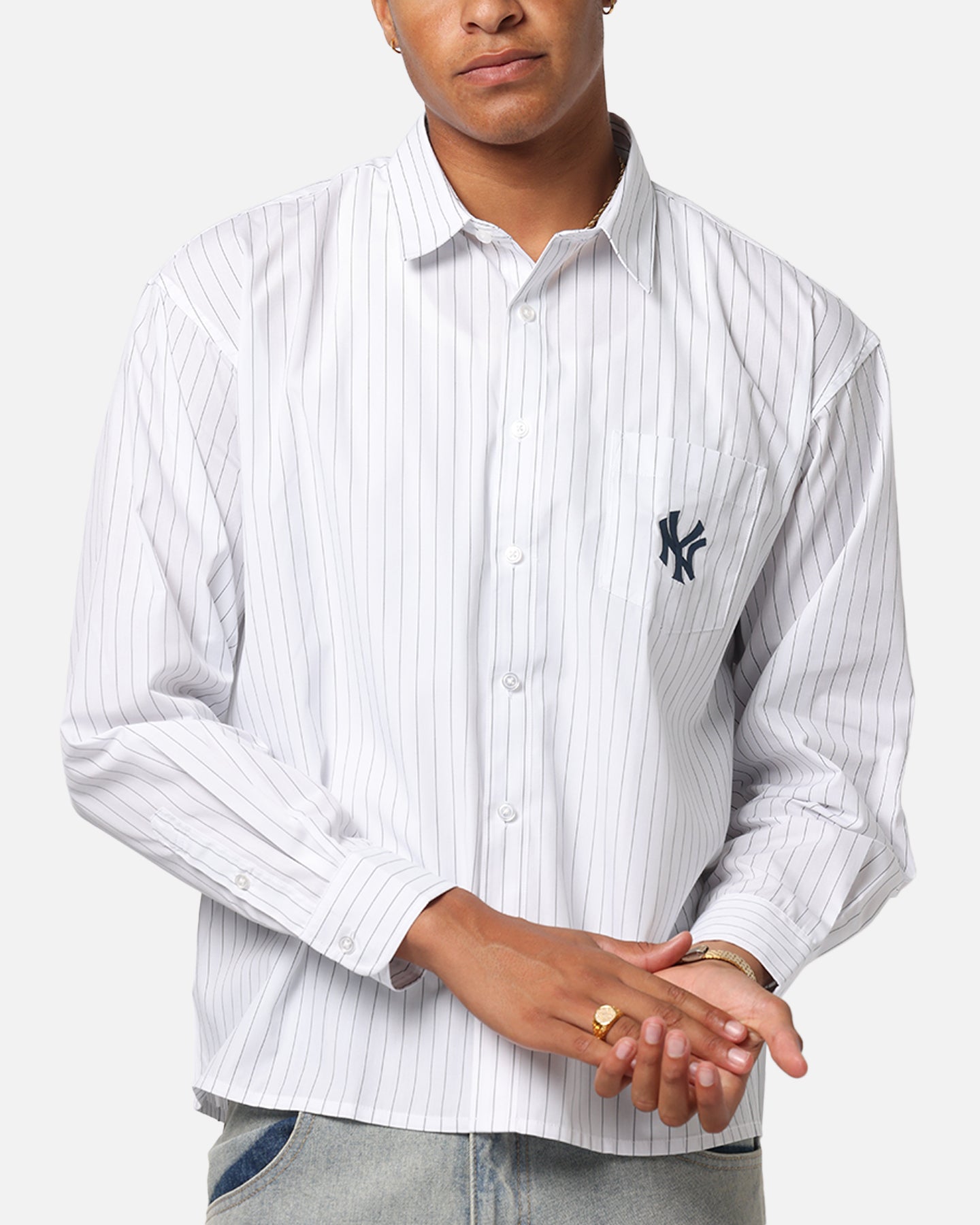 Majestic Athletic New York Yankees Pinstripe Button Up Shirt Optic White、mySite、zt4zffjzw